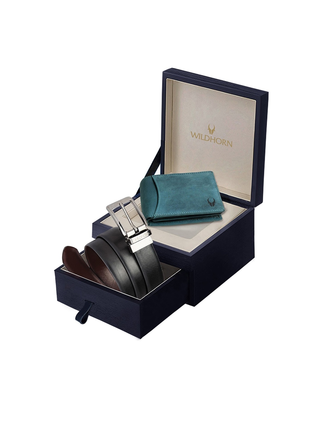 WildHorn Men Black & Blue Textured Pure Genuine Leather Accessory Gift Set