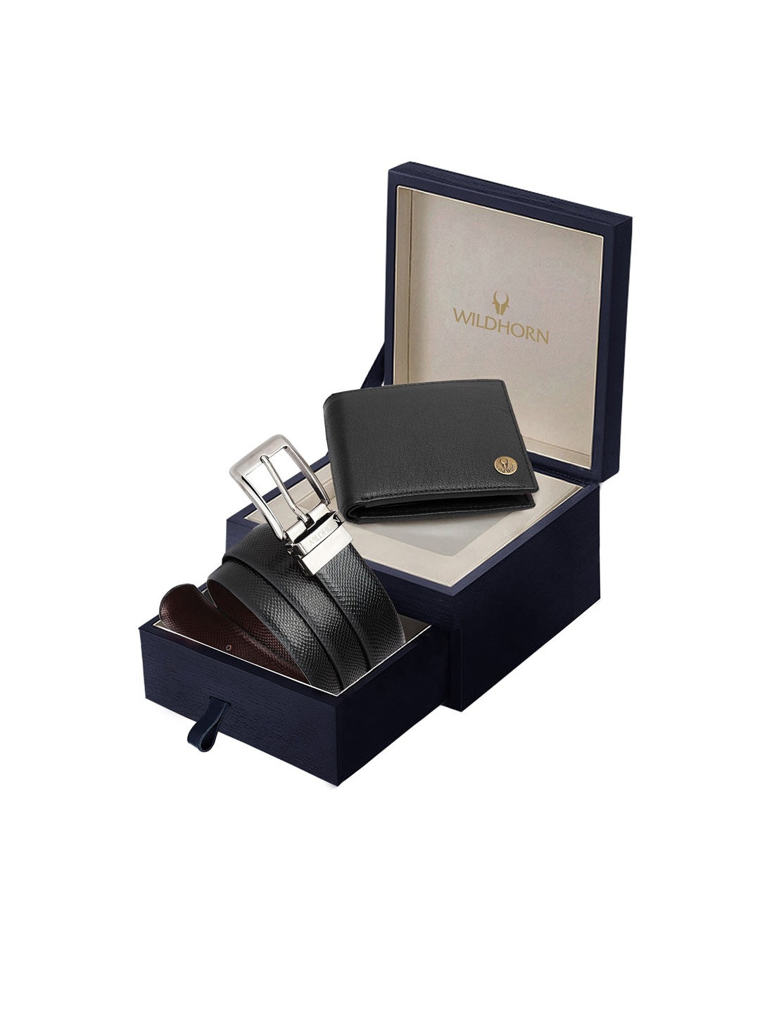 WildHorn Men Black Textured Pure Genuine Leather Accessory Gift Set