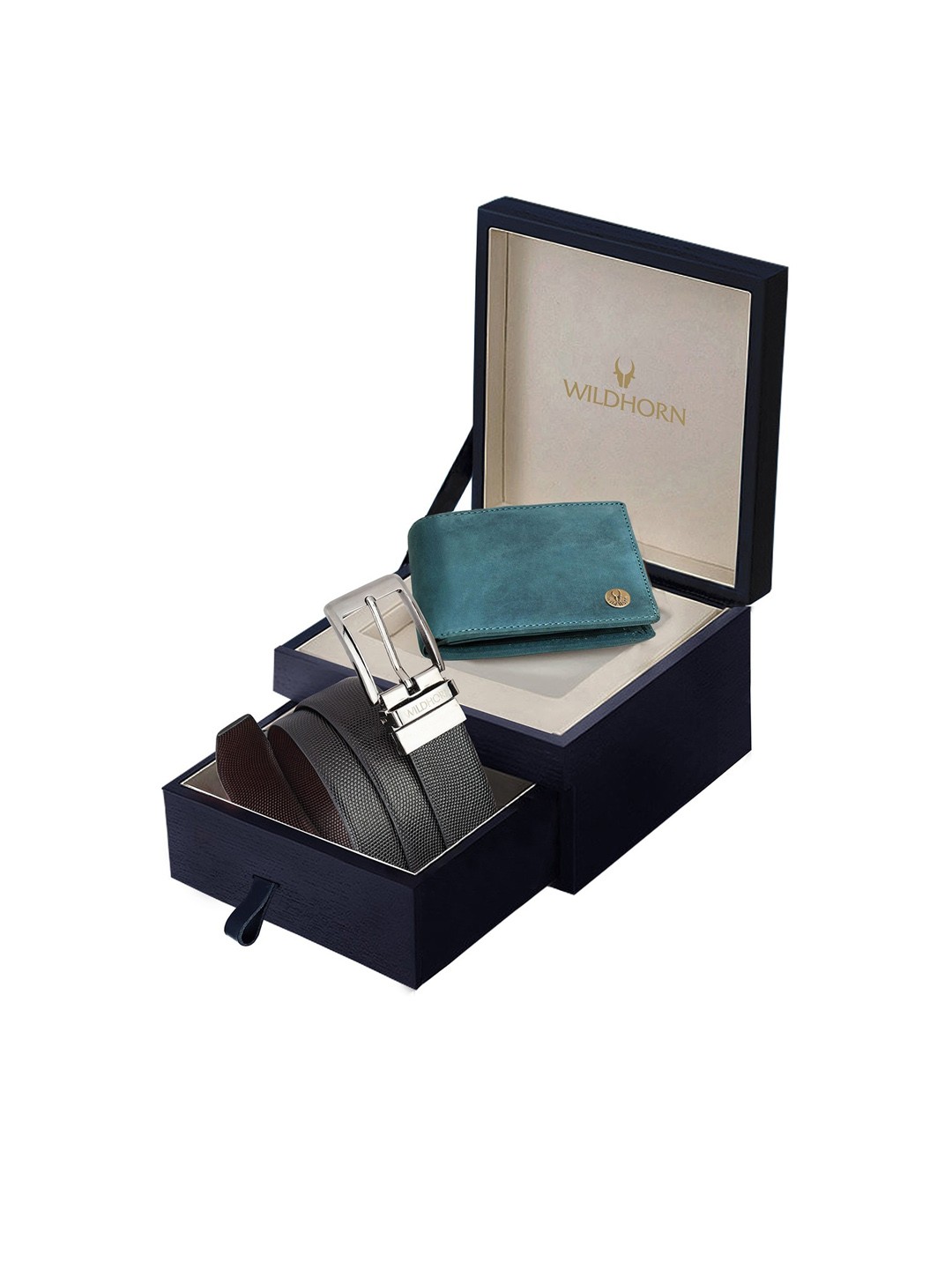 WildHorn Men Black & Blue Textured Pure Genuine Leather Accessory Gift Set