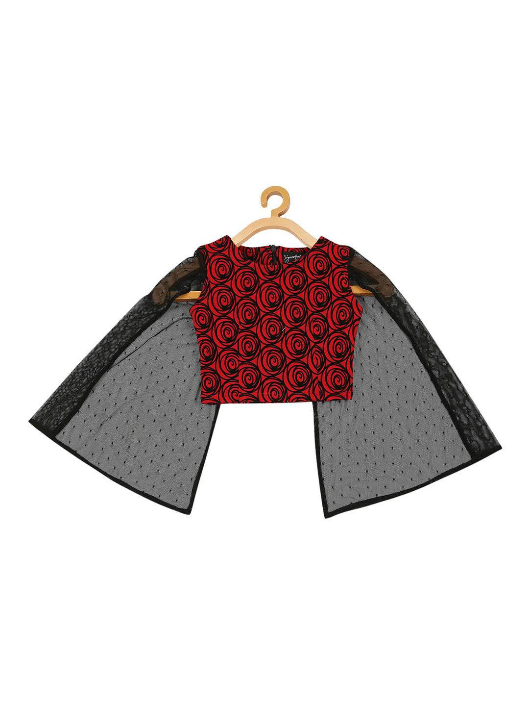 

Actuel Red & Black Floral Velvet Slit Sleeves Regular Crop Top