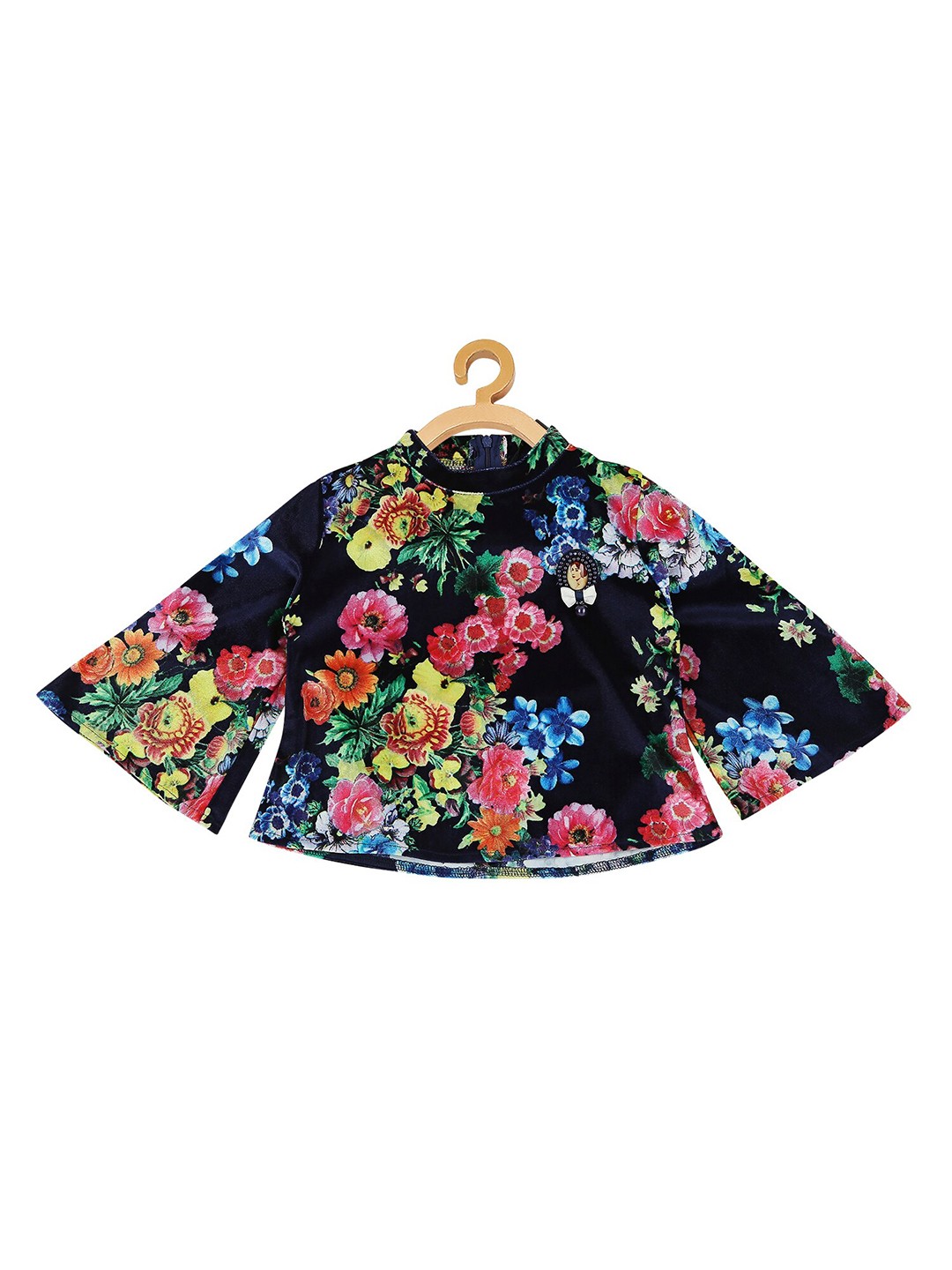 

Actuel Navy Blue & Pink Floral Velvet Cotton Blend A-Line Top