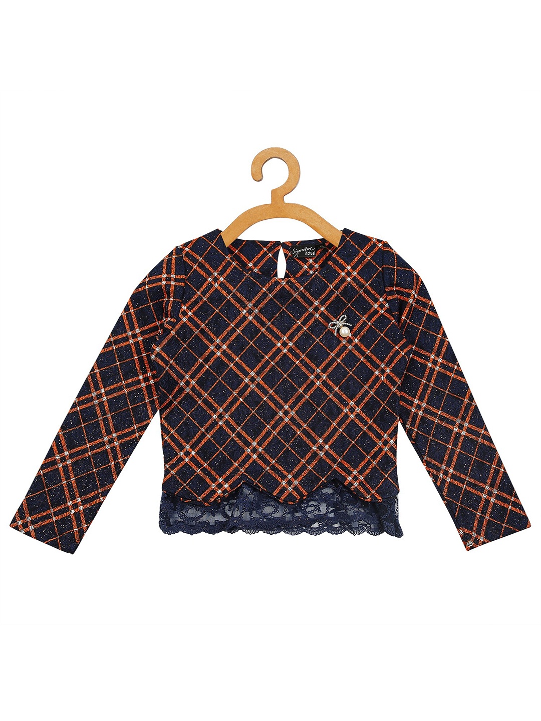 

Actuel Orange & Blue Checked Velvet Regular Top