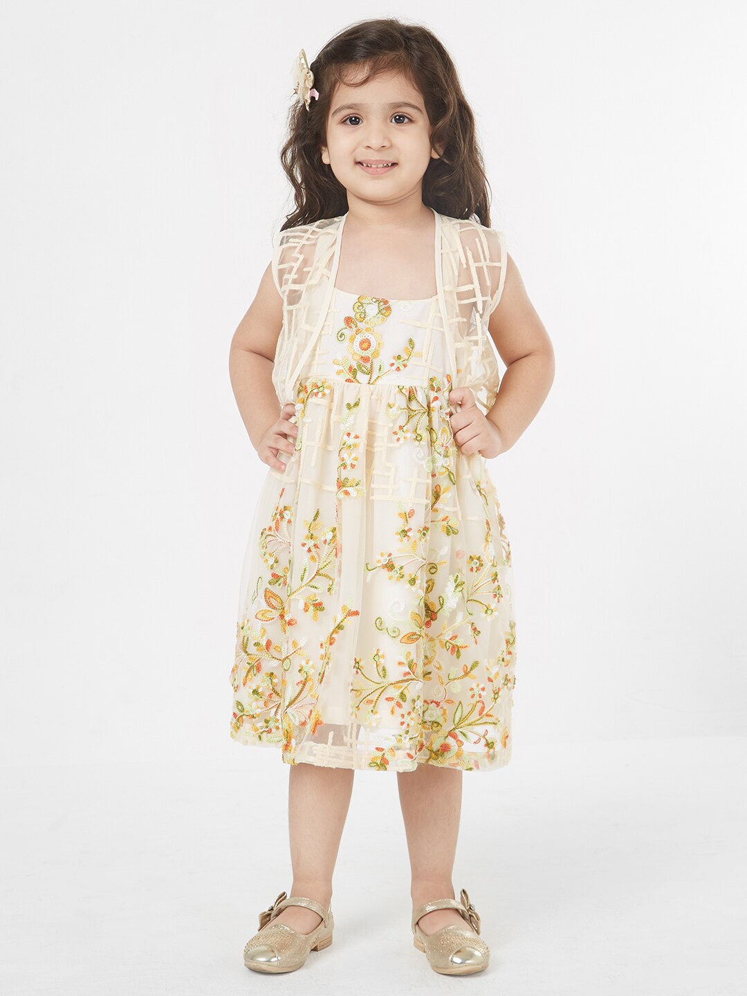 

TIC TAC TOE Beige & Green Floral A-Line Midi Dress