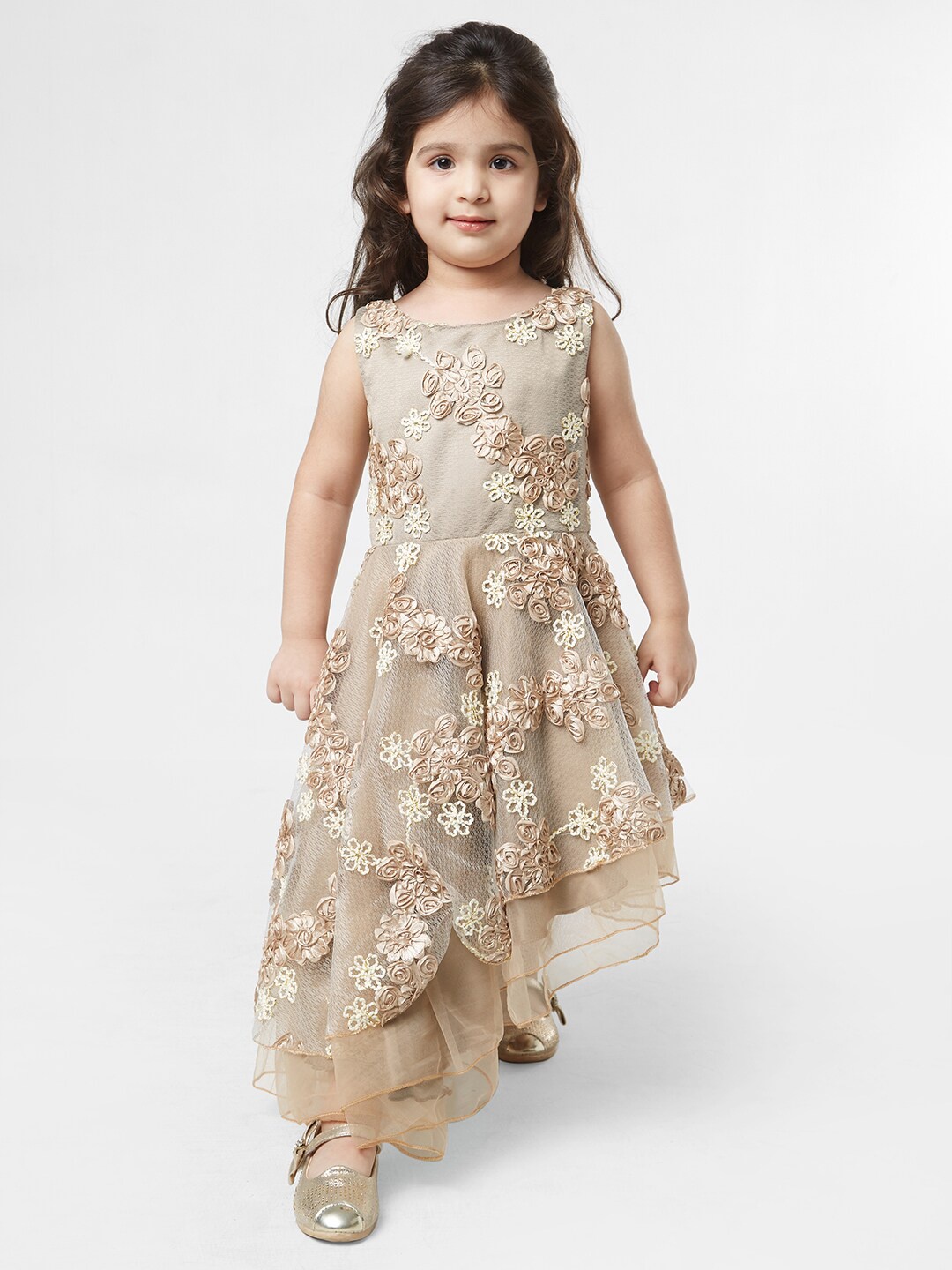 

TIC TAC TOE Beige Floral Maxi Asymmetric Embriodered Dress