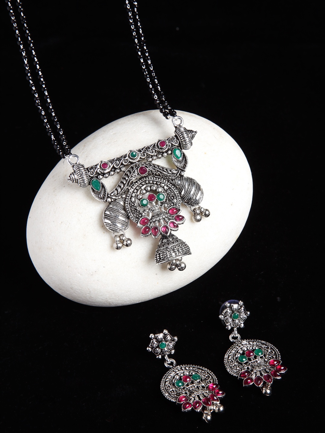 

PANASH Oxidized Silver-Plated Magenta-Pink & Green Stone-Studded Mangalsutra With Earrings