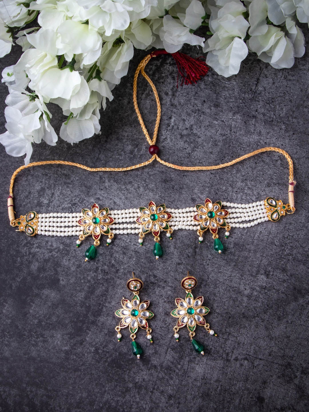 

MORKANTH JEWELLERY Gold-Plated White & Green Stone Studded & Beaded Jewellery Set