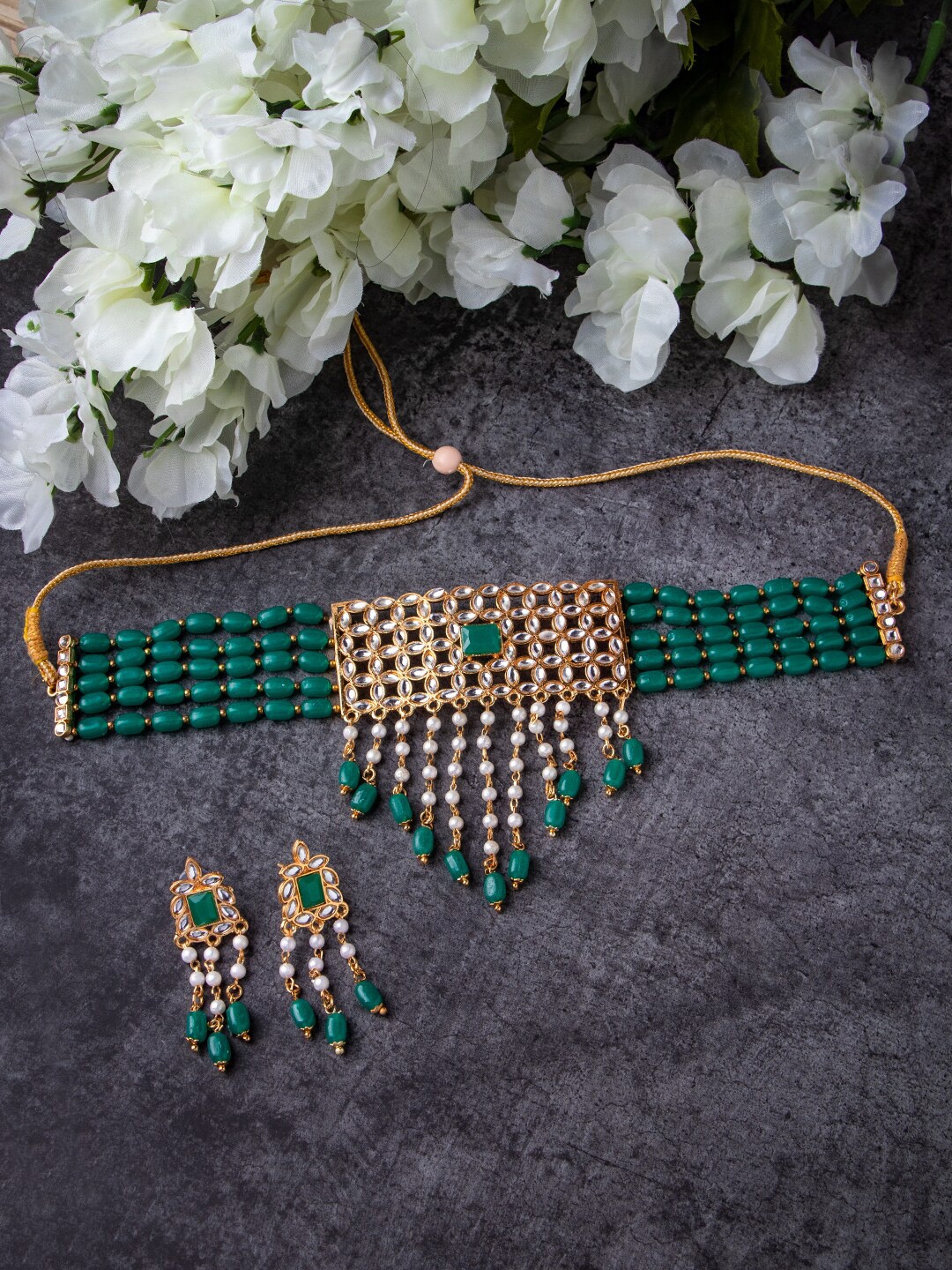 

MORKANTH JEWELLERY Gold-Plated Green & White Stone-Studded & Beaded Jewellery Set