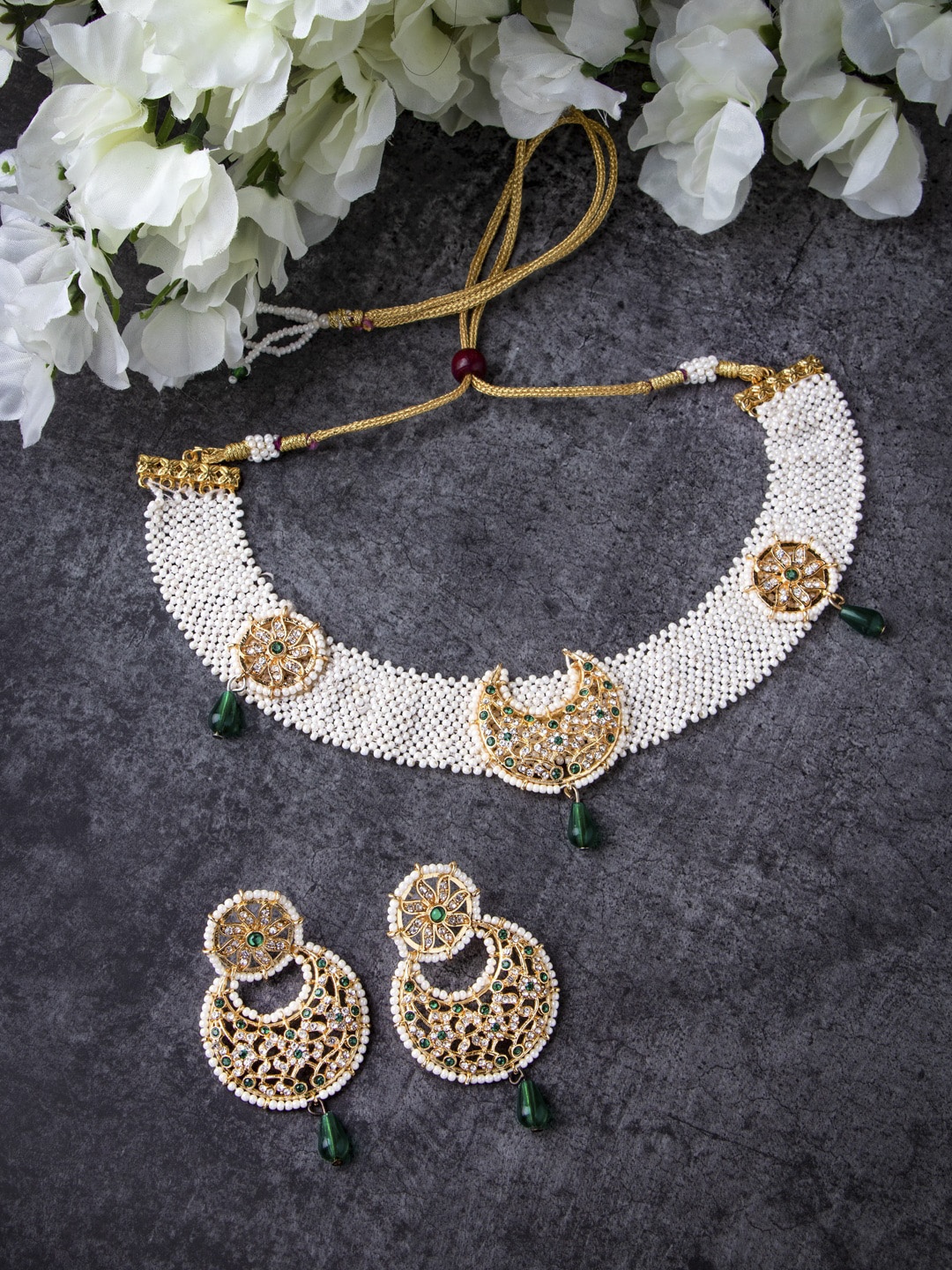 

MORKANTH JEWELLERY Gold-Plated Green & White Pearl Beaded Handcrafted Jewellery Set