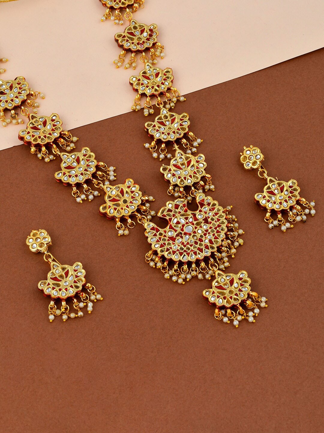 

Silvermerc Designs Gold-Plated Red & White Kundan Studded Meenakari Bridal Jewellery Set