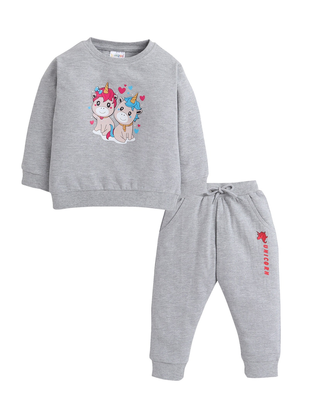 

BUMZEE Girls Grey Melange Printed Pure Cotton Sweatshirt with Joggers
