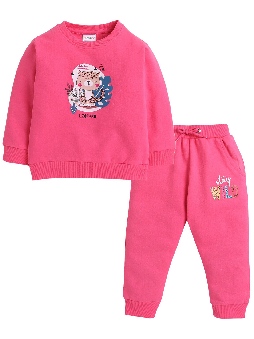 

BUMZEE Girls Pink & Brown Printed Pure Cotton Sweatshirt & Jogger set