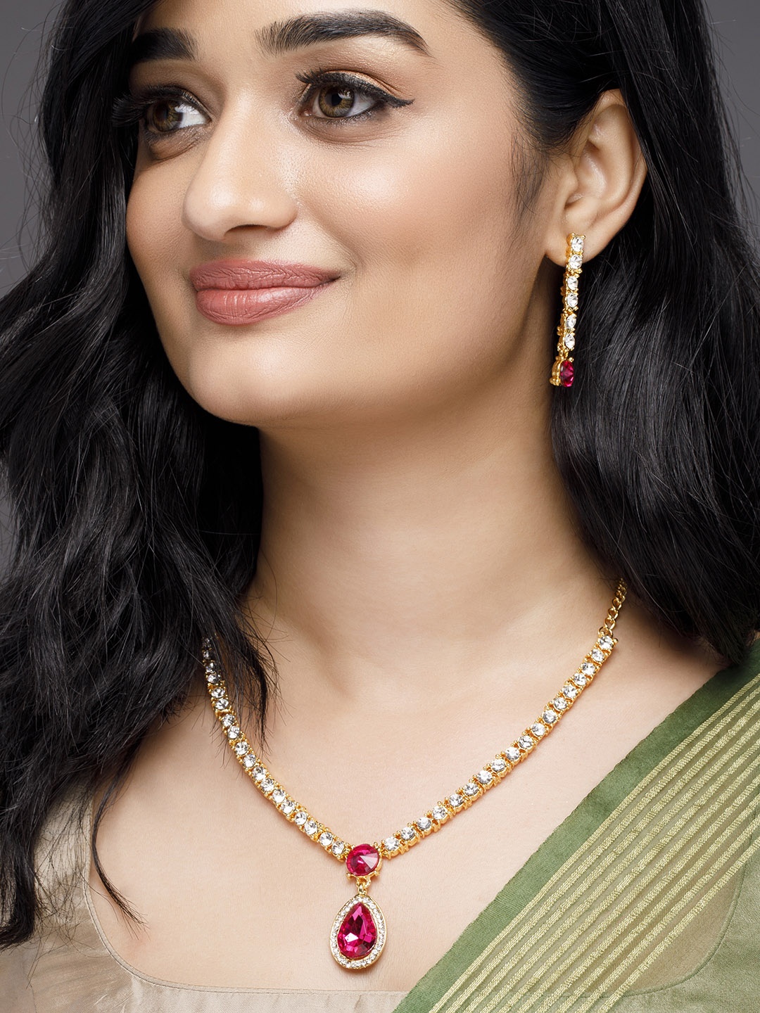

Anouk Gold-Plated Pink & White Ruby Studded Jewellery Set