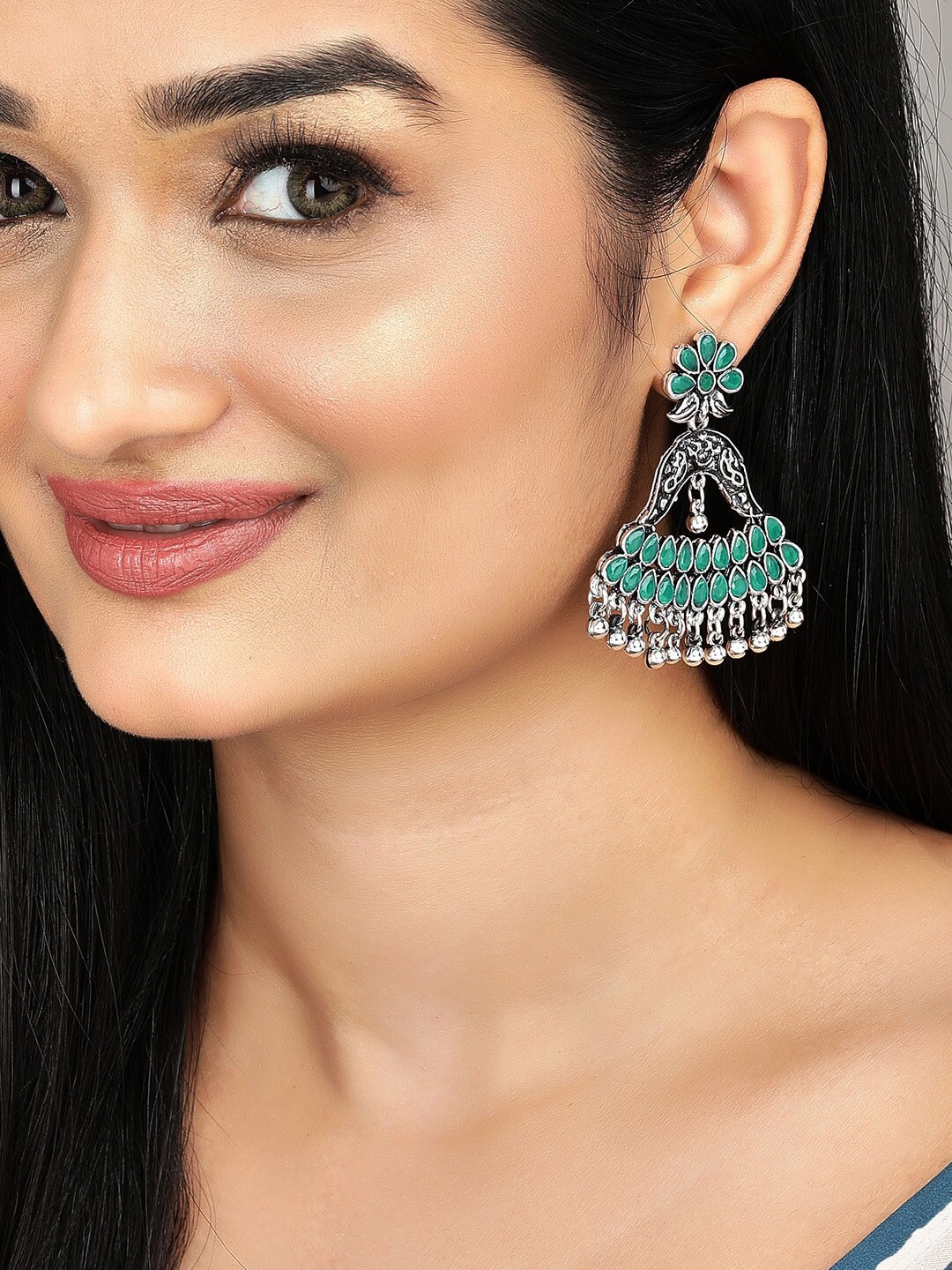 

Anouk Silver-Toned & Green Oxidized Handcrafted Dome Shaped Chandbalis Earrings
