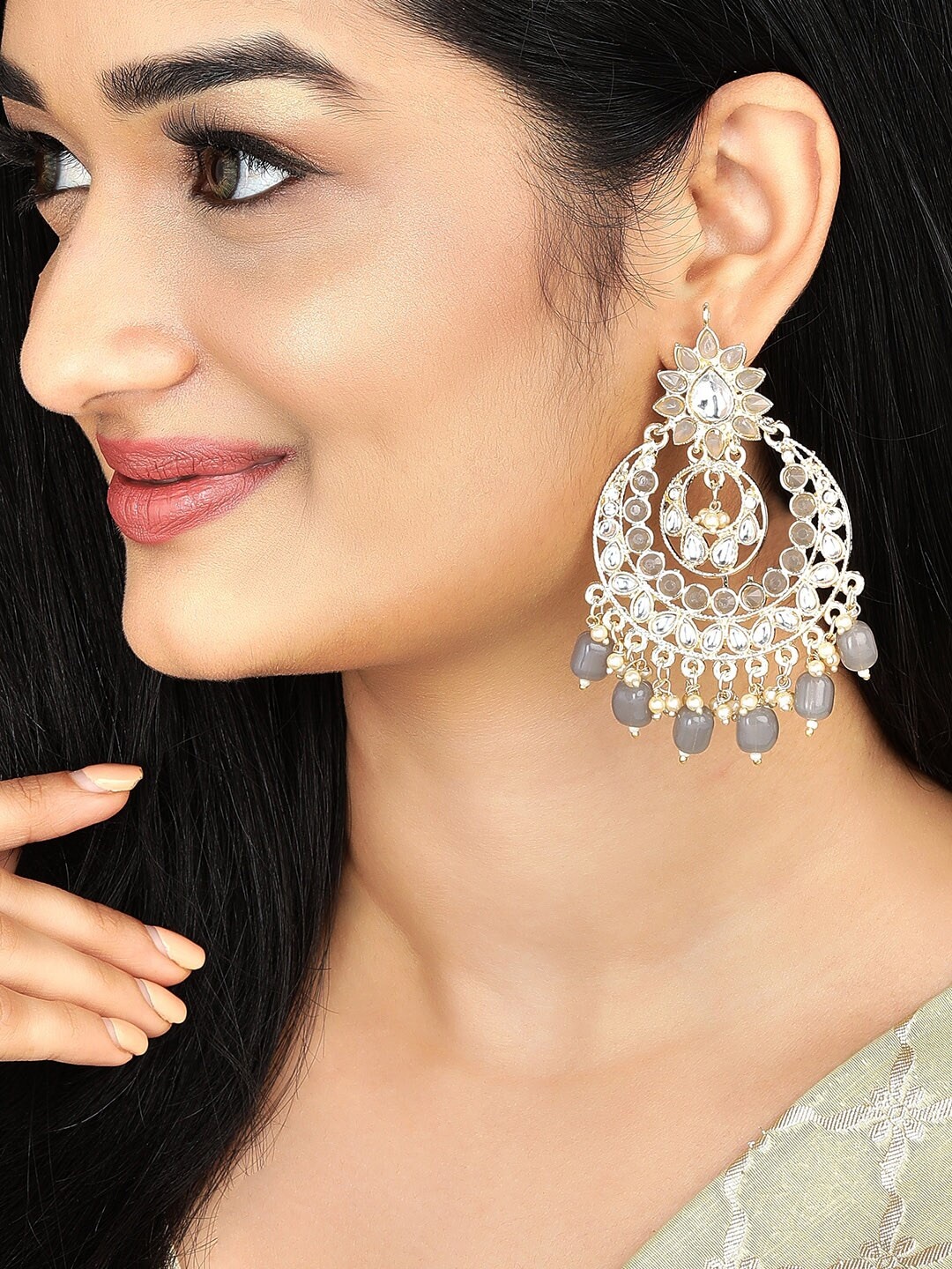

Anouk Gold-Toned Crescent Shaped Artificial Stone & Beads Studded Chandbalis Earrings