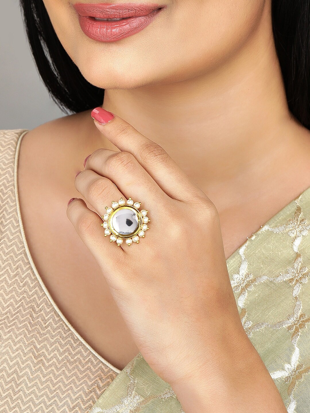 

Anouk Gold-Plated White Kundan Studded & Beaded Finger Ring
