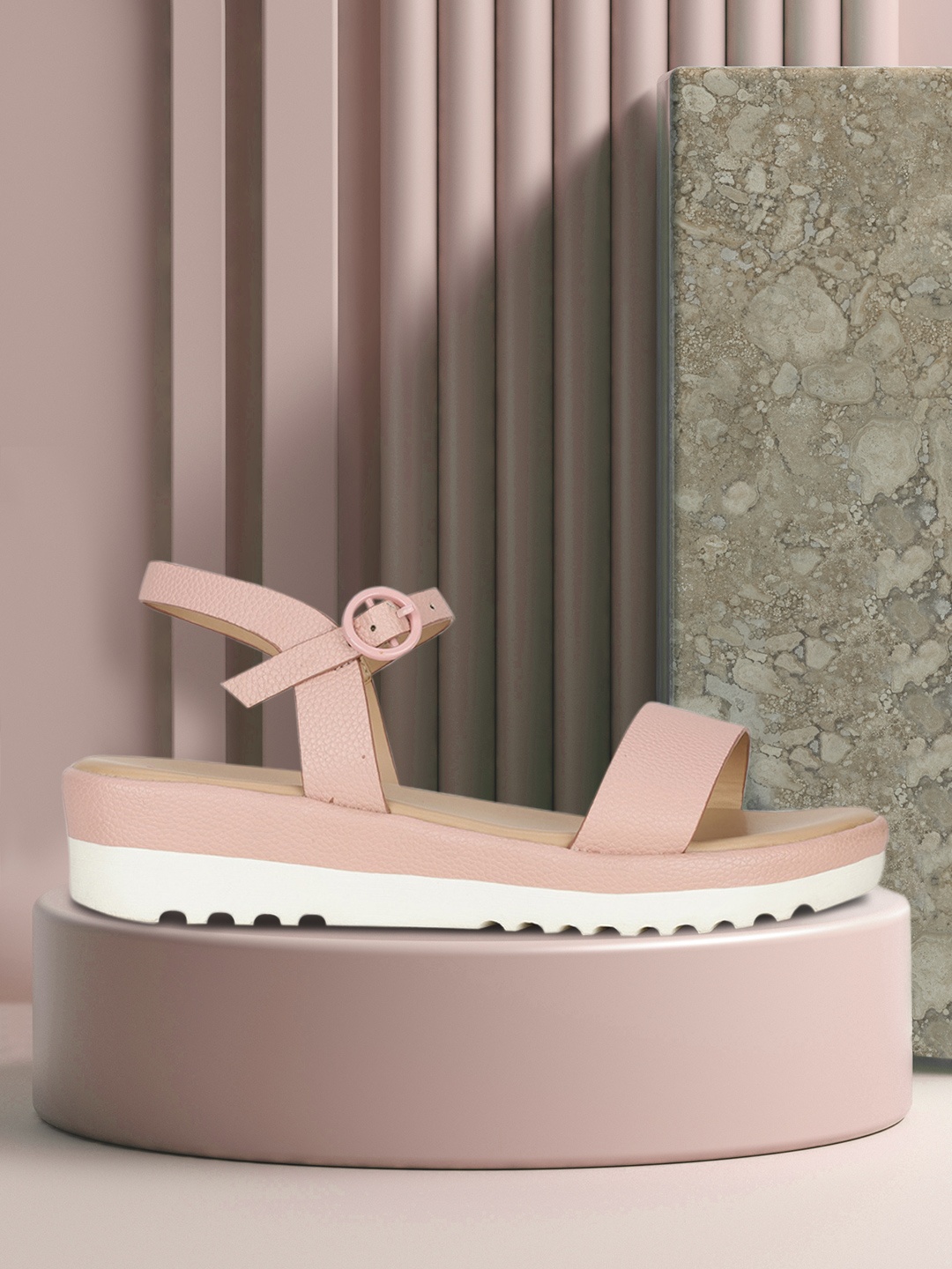 

Bata Pink & White Wedge Sandals with Buckles