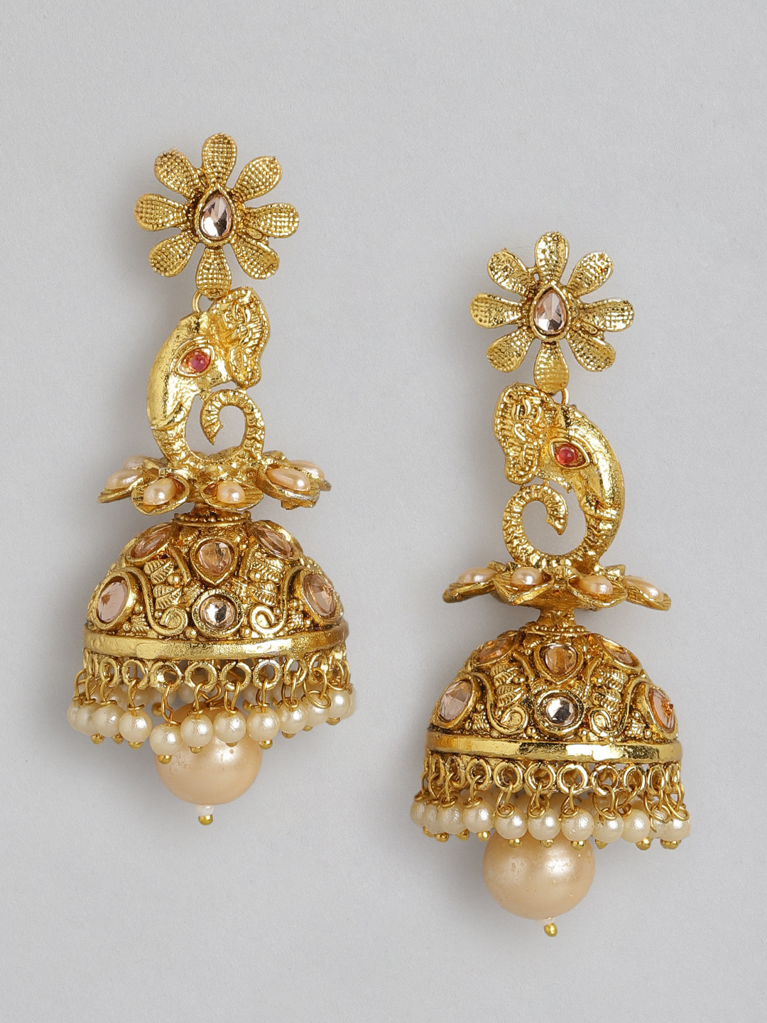 

Anouk Gold-Toned Stone Studded & Beaded Dome Shaped Jhumkas