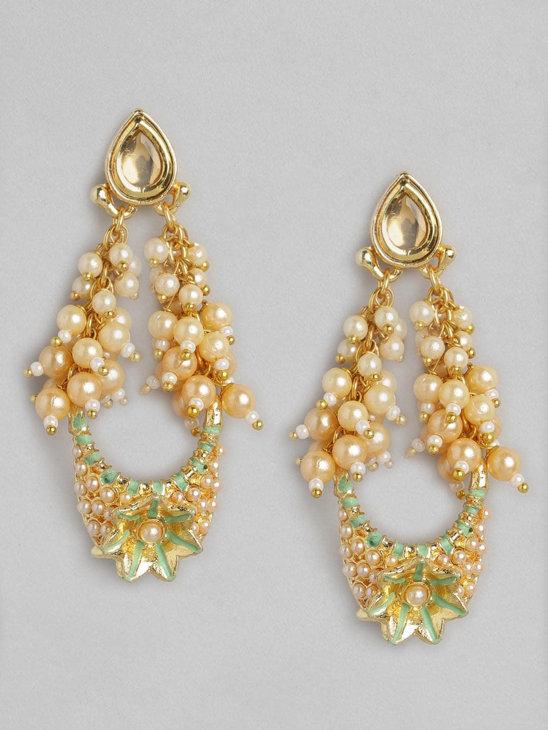 

Anouk Gold-Toned & Green Stone Studded & Beaded Classic Drop Earrings