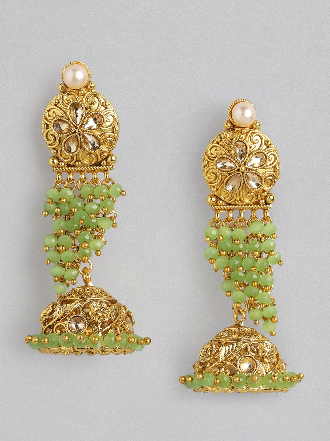 

Anouk Gold-Toned & Green Stone Studded & Beaded Dome Shaped Jhumkas