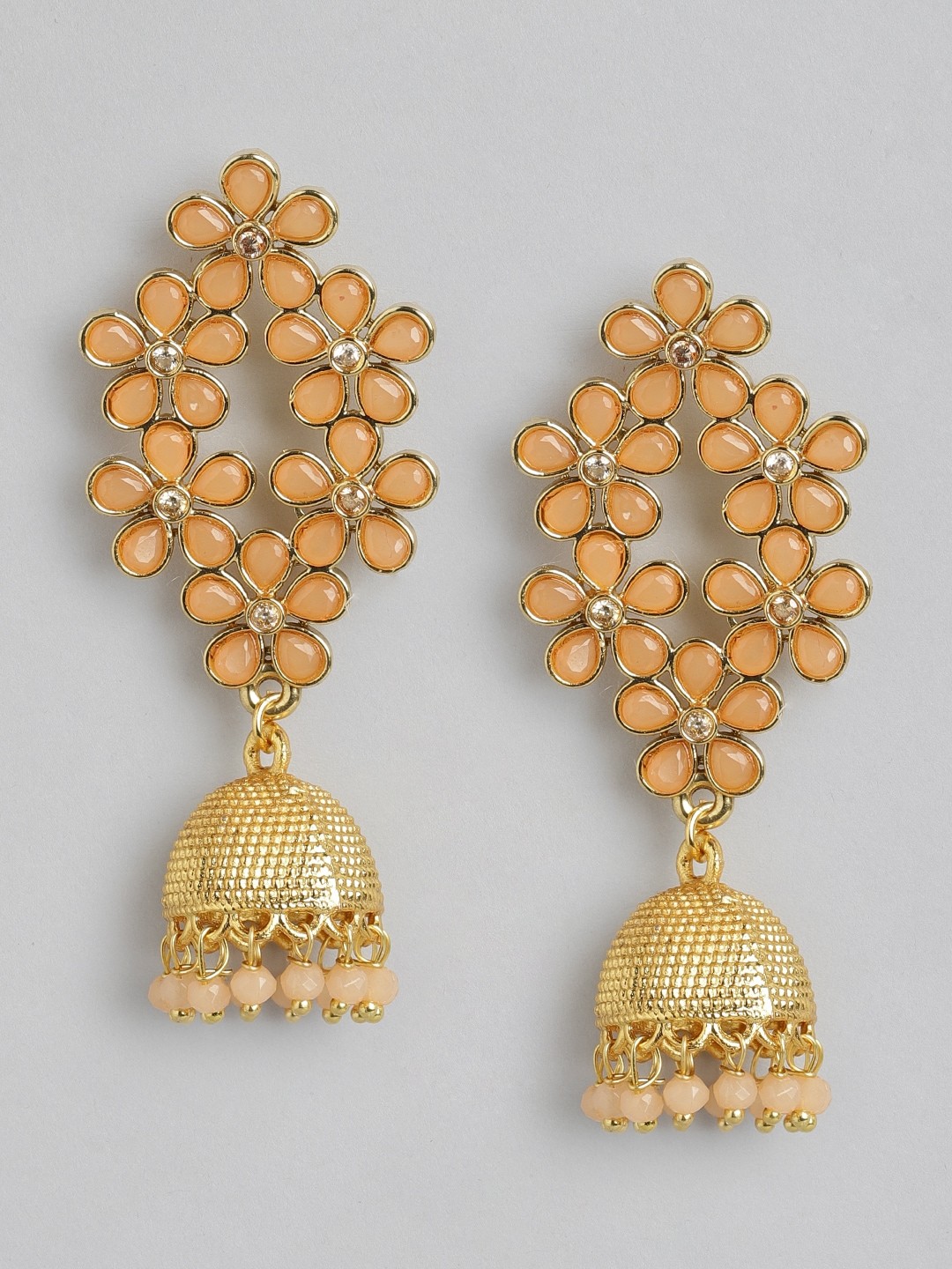 

Anouk Peach-Coloured Gold-Plated Stone Studded & Beaded Dome Shaped Jhumkas