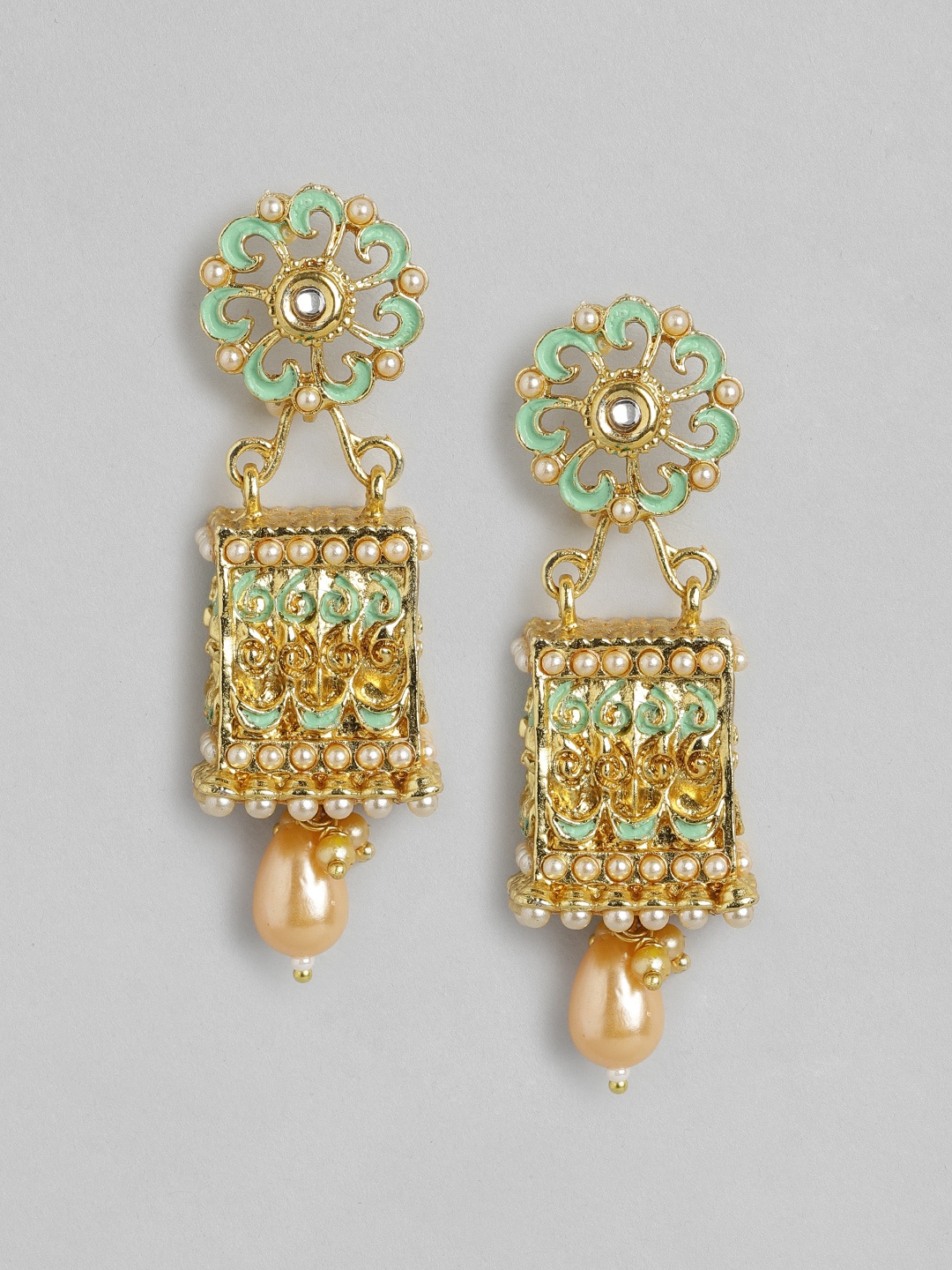 

Anouk Green Gold-Plated Stone Studded & Beaded Enamelled Square Jhumkas