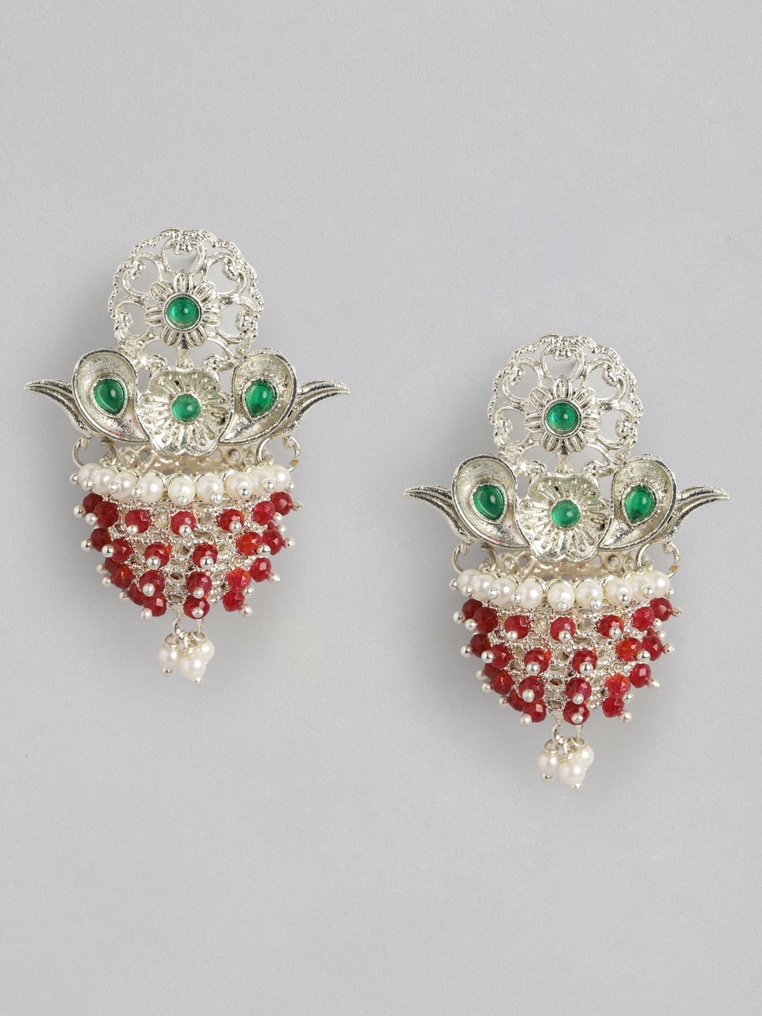 

Anouk Silver-Toned & Pink Stone Studded & Beaded Floral Drop Earrings