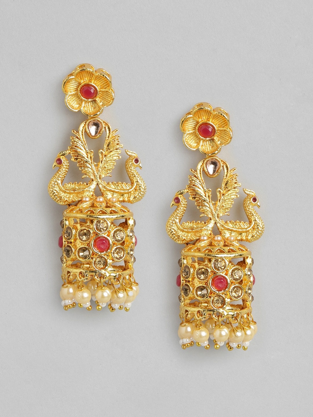 

Anouk Pink Gold-Plated Stone Studded & Beaded Dome Shaped Jhumkas Earrings