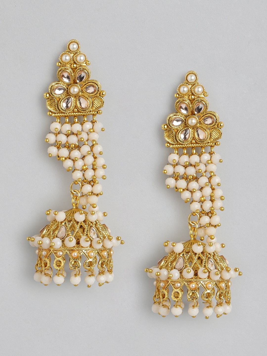 

Anouk Gold-Toned & Off White Stone Studded & Beaded Classic Jhumkas Earrings