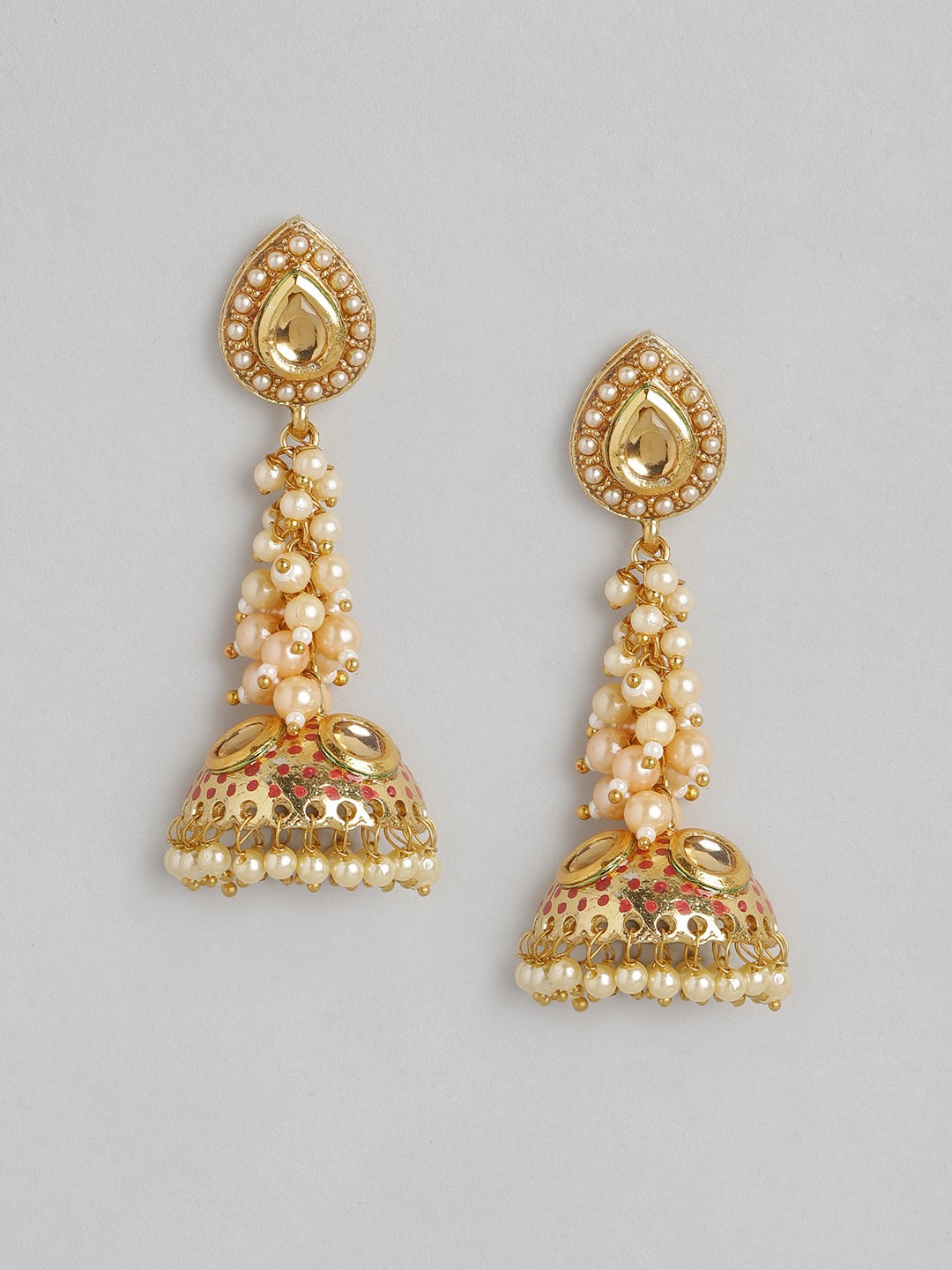 

Anouk Cream-Coloured & Red Gold-Plated Meenakari Stone Studded Beaded Dome Shaped Jhumkas