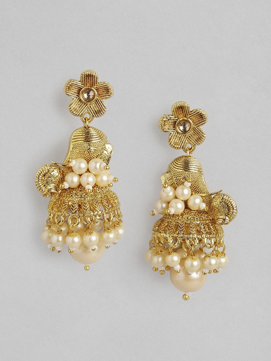 

Anouk Gold-Toned & Cream-Coloured Lord Ganesha Textured Stone Studded Beaded Jhumkas