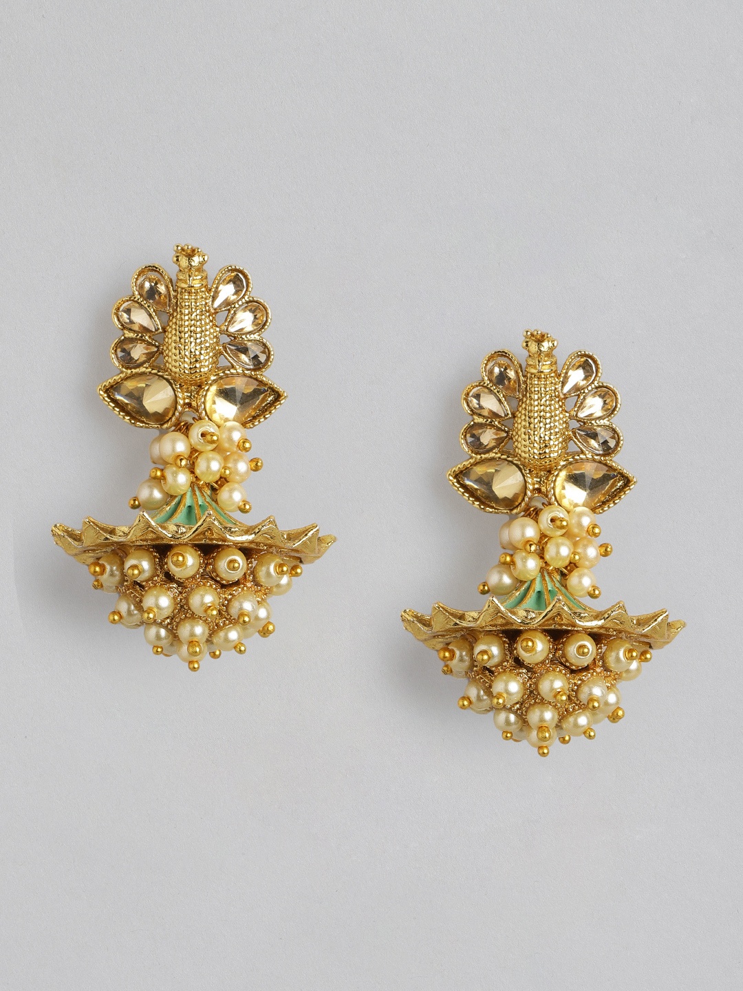 

Anouk Gold-Toned & Off-White Stone Studded & Beaded Classic Meenakari Drop Earrings