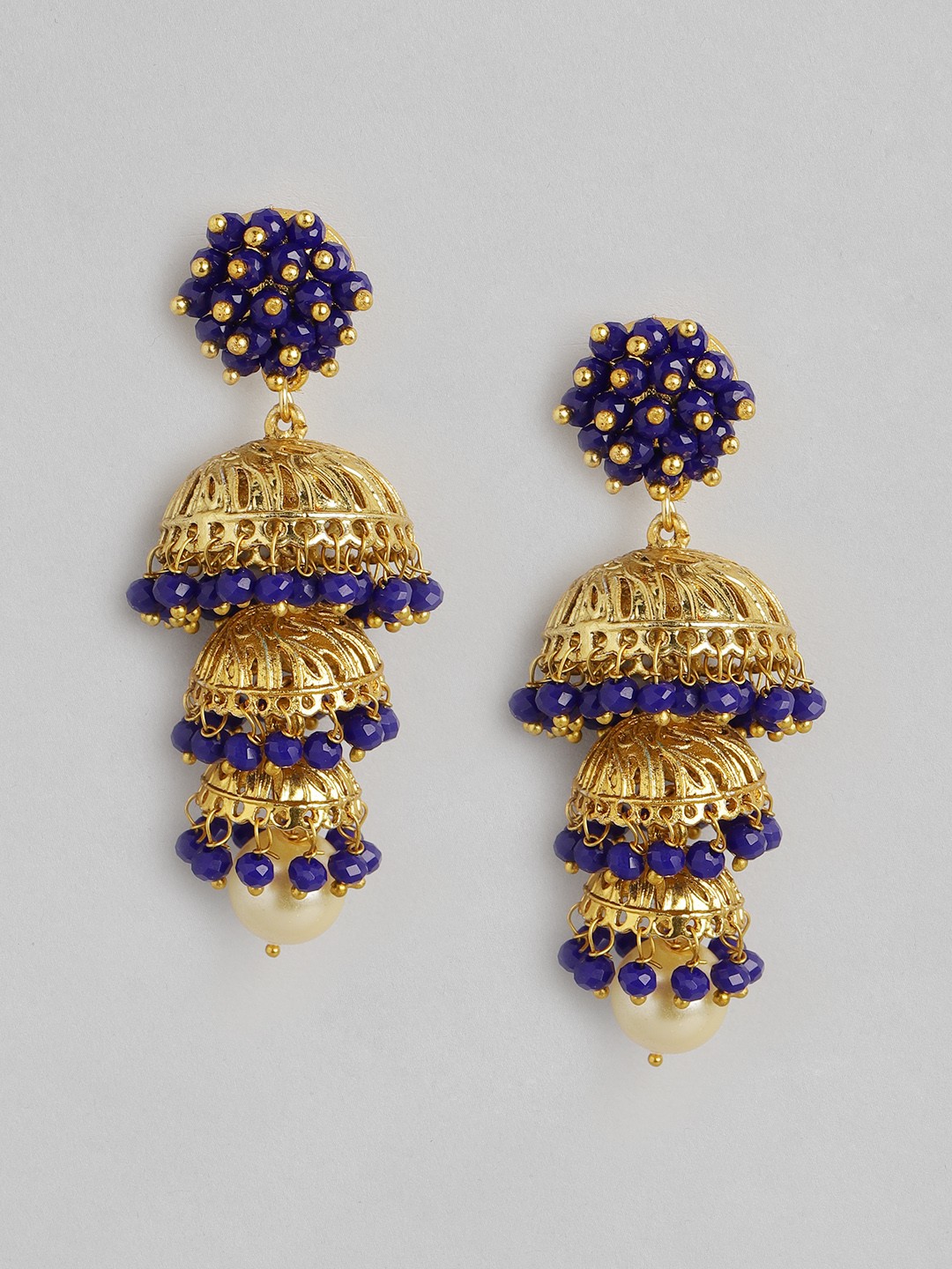 

Anouk Blue & Cream-Coloured Gold-Plated Stone Studded & Beaded Dome Shaped Jhumkas