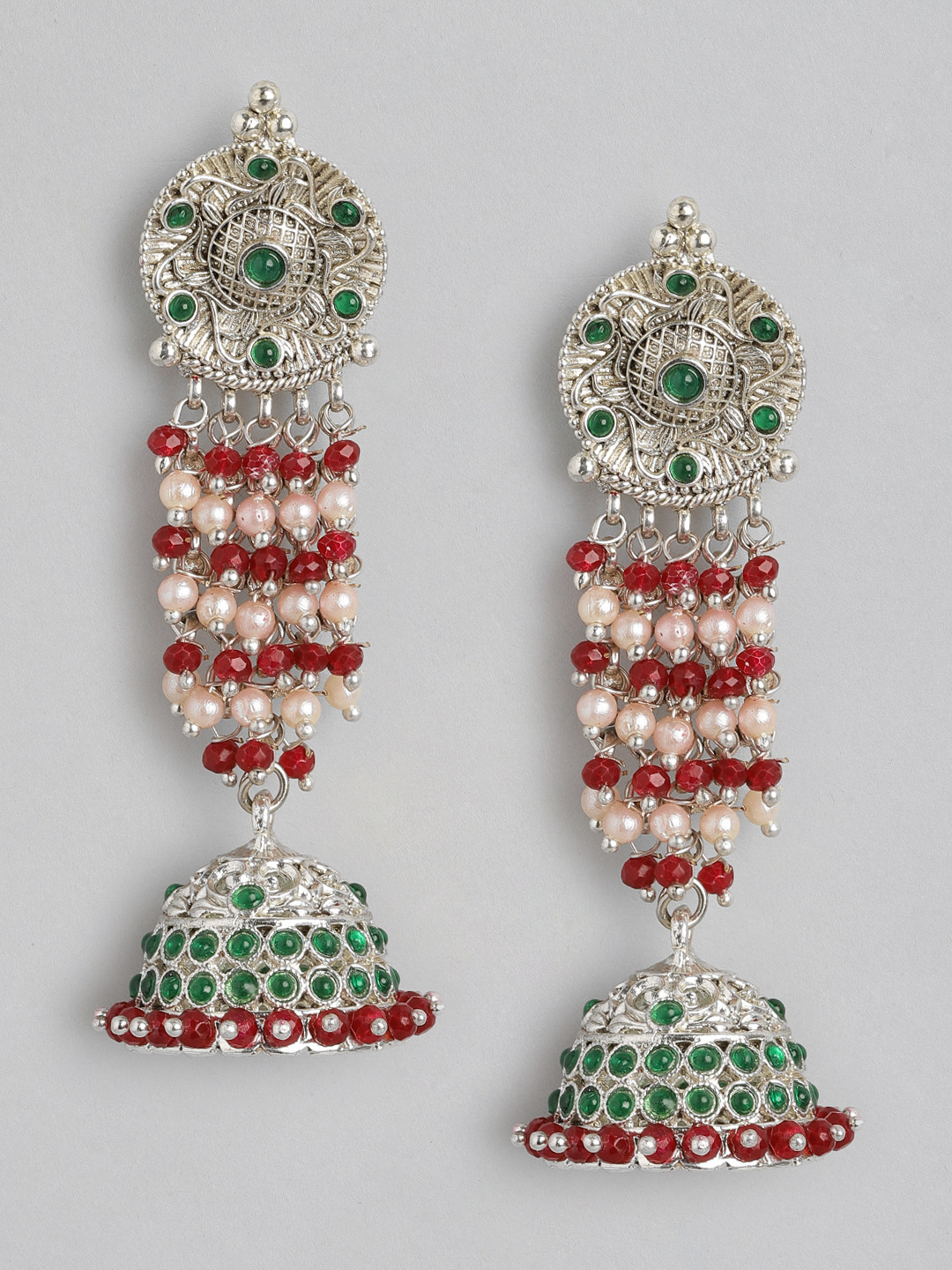 

Anouk Maroon & Green Silver-Plated Stone Studded & Beaded Dome Shaped Jhumkas Earrings
