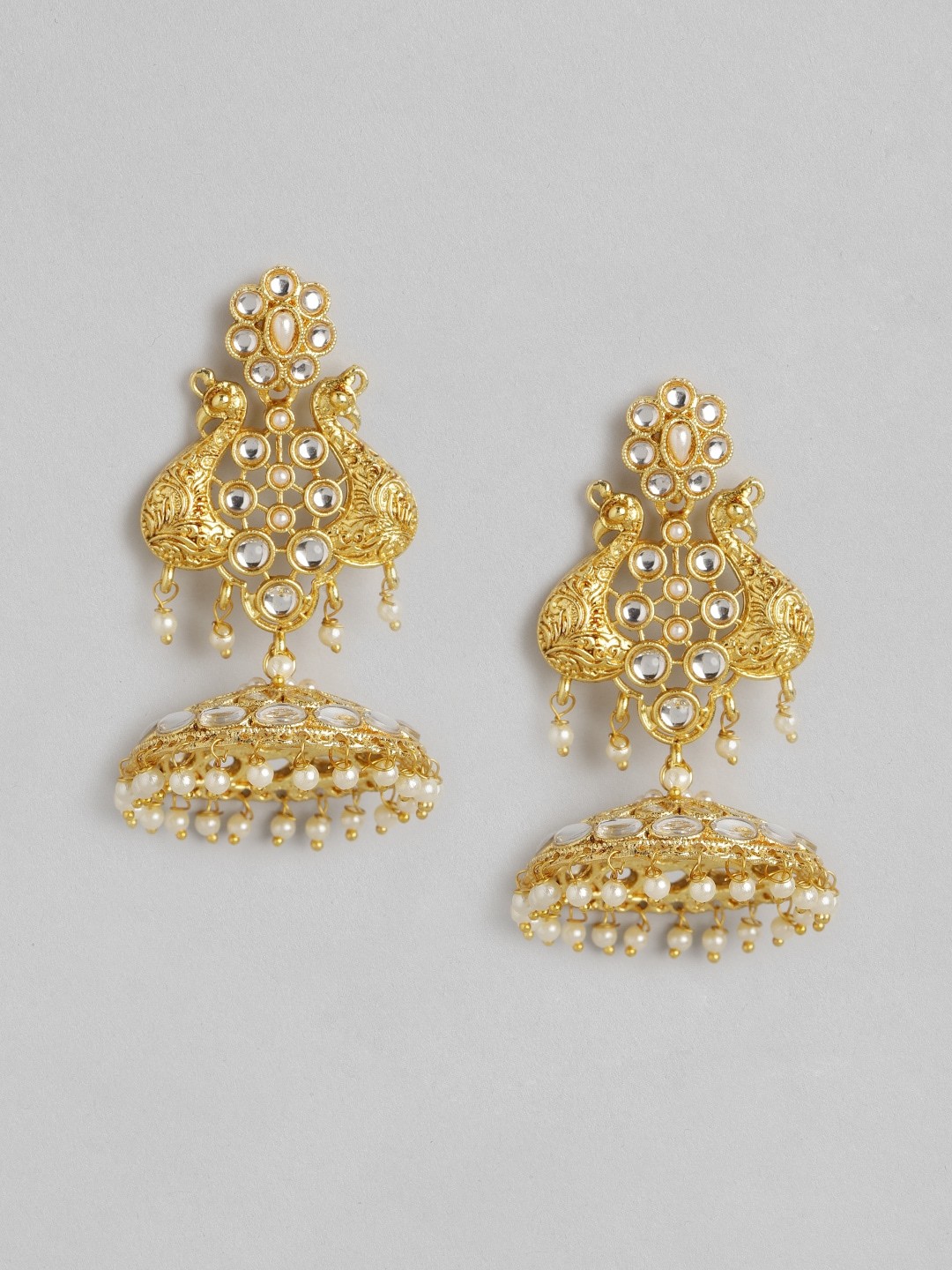 

Anouk Cream-Coloured Gold-Plated Stone Studded & Beaded Peacock Shaped Jhumkas