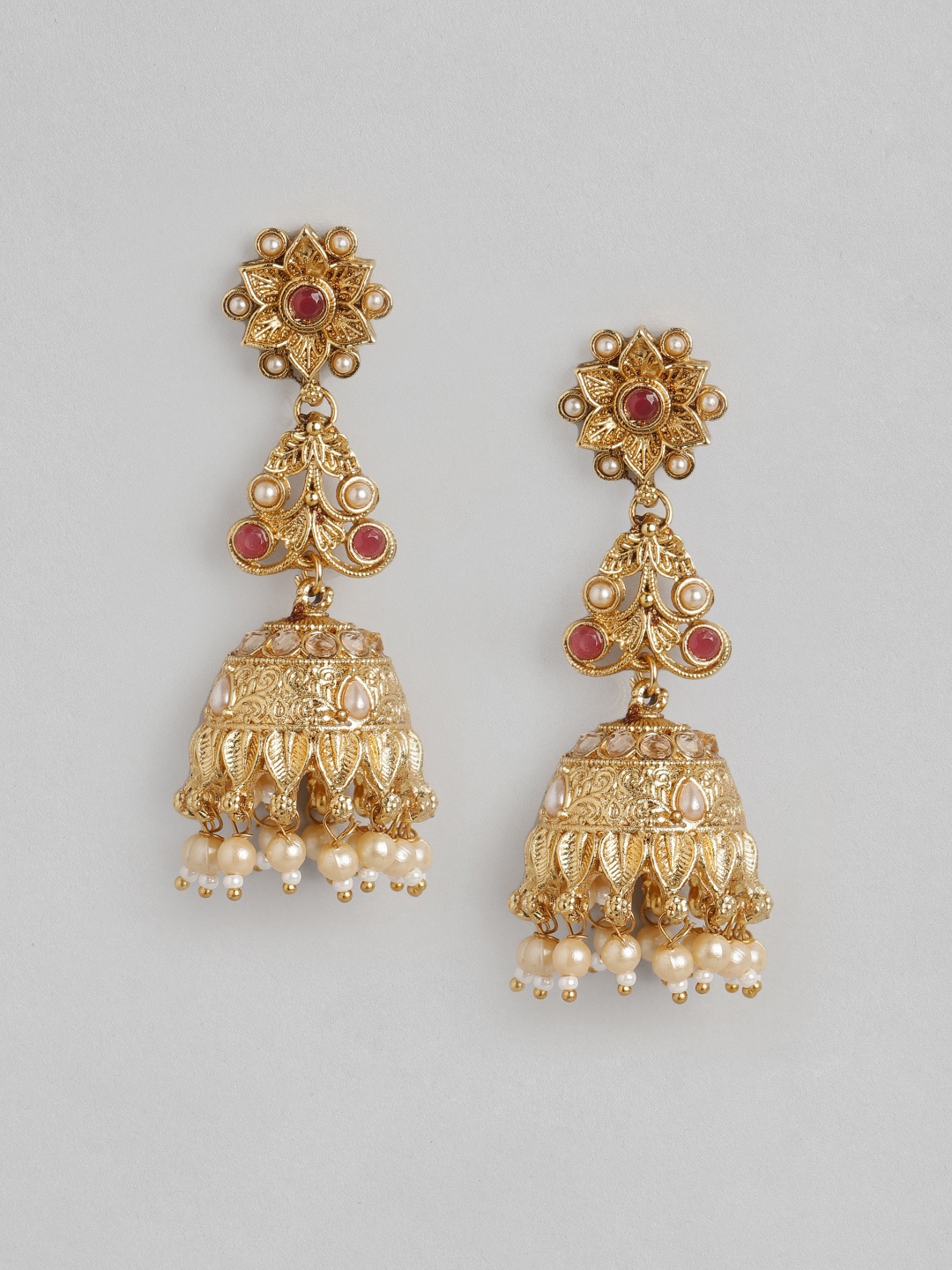 

Anouk Pink & Cream-Coloured Gold-Plated Stone Studded & Beaded Dome Shaped Jhumkas