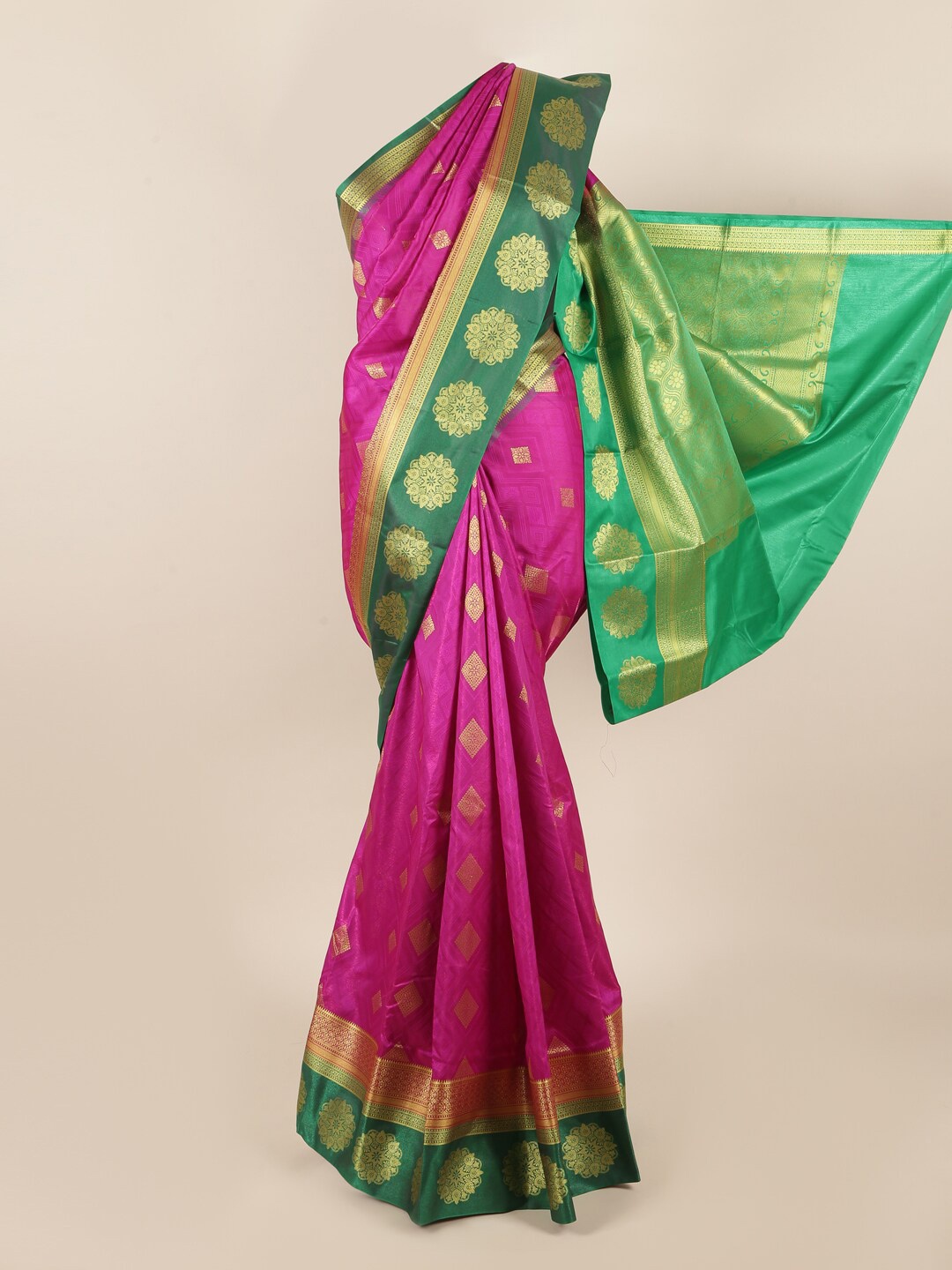 

Pothys Magenta & Green Ethnic Motifs Zari Art Silk Saree