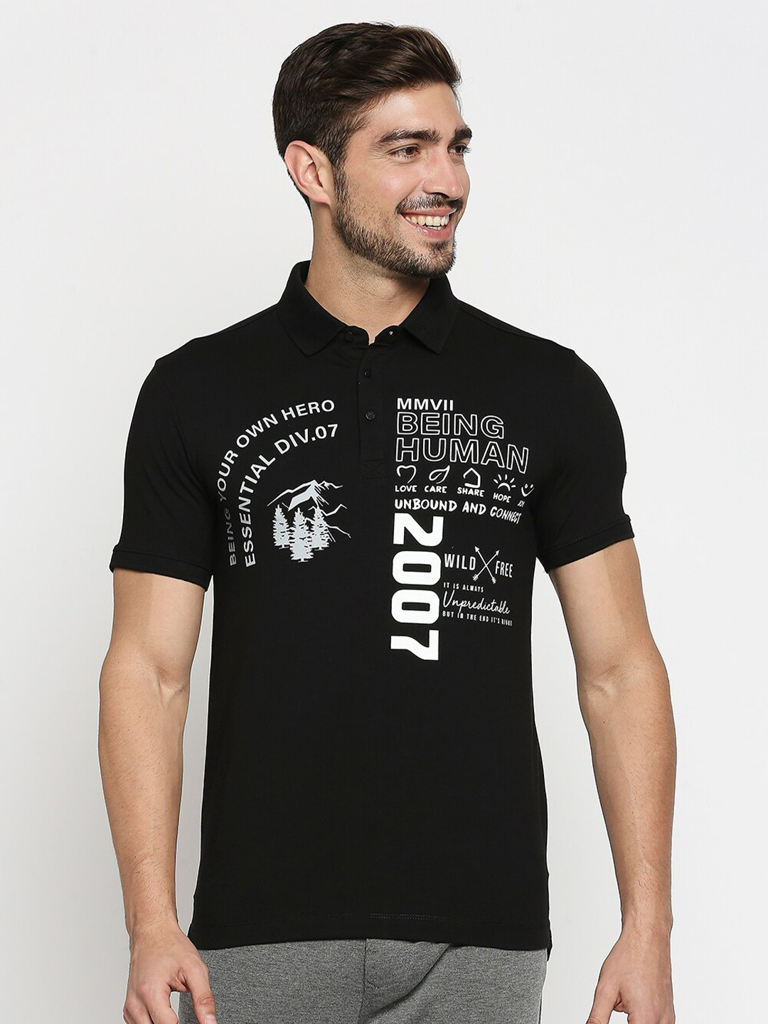 

Being Human Men Black Typography Printed Mandarin Collar Monochrome Applique T-shirt