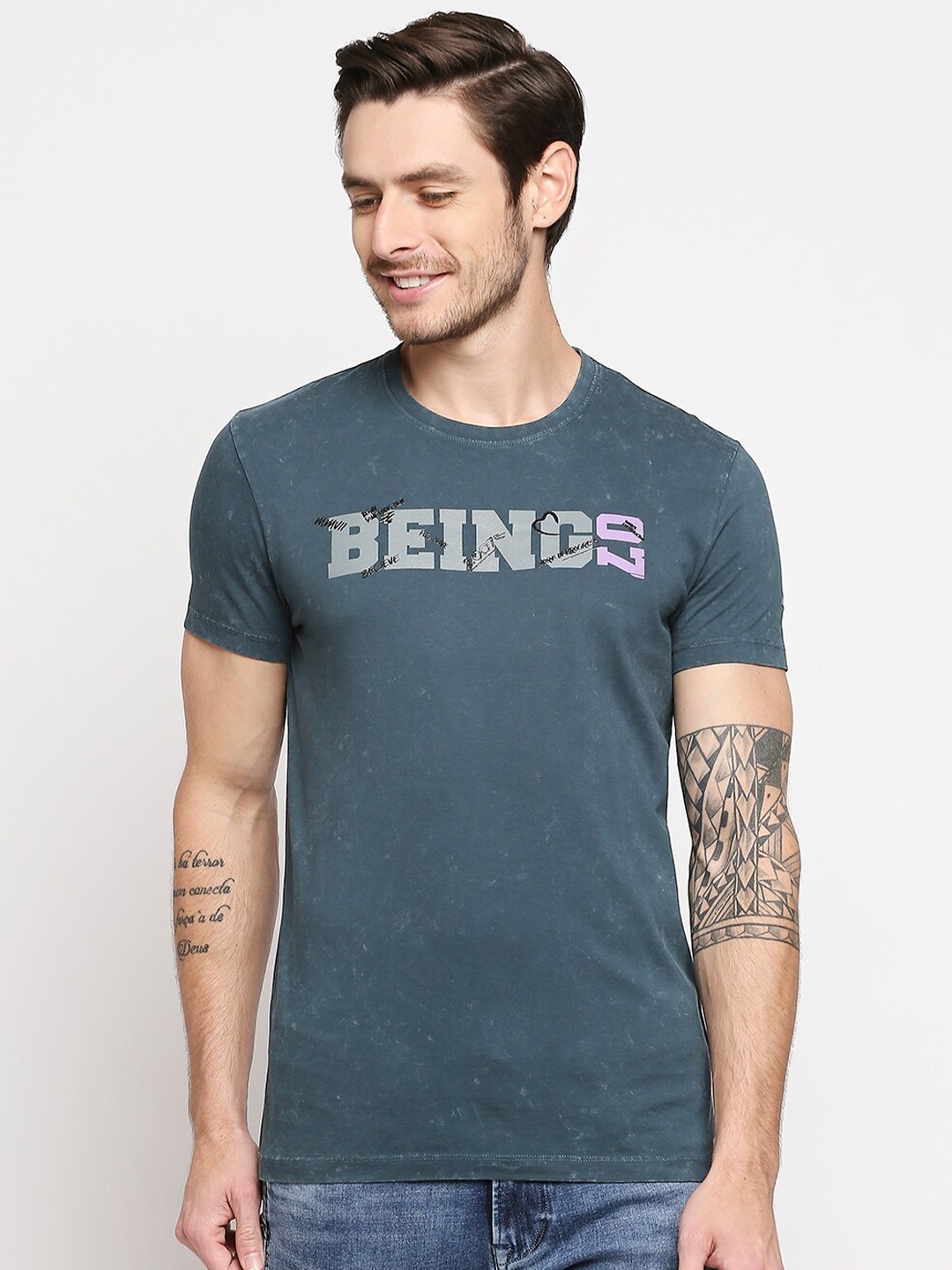 

Being Human Men Teal Typography Printed Applique T-shirt