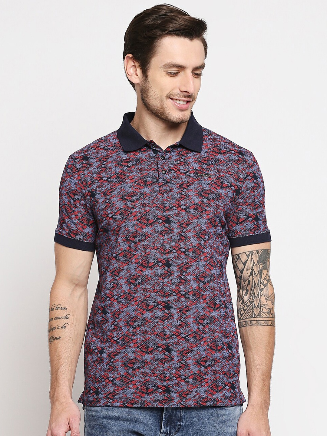 

Being Human Men Navy Blue & Red Abstract Printed Polo Collar T-shirt