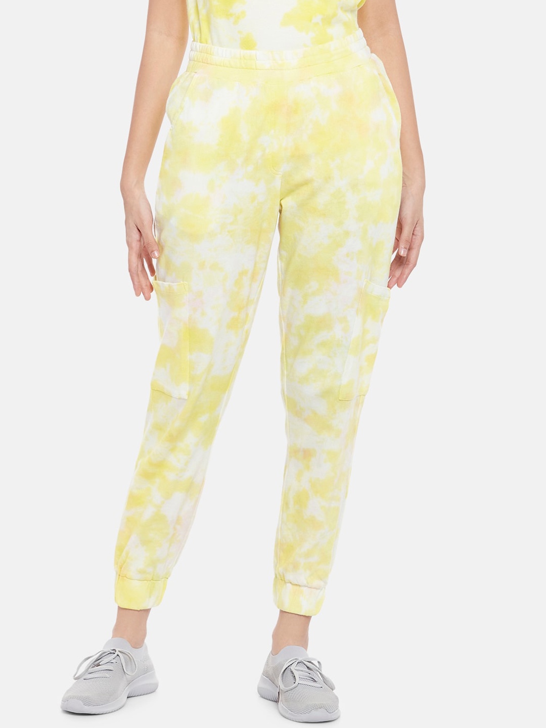 

Ajile by Pantaloons Women Off White & Yellow Tie & Dyed Pure Cotton Joggers