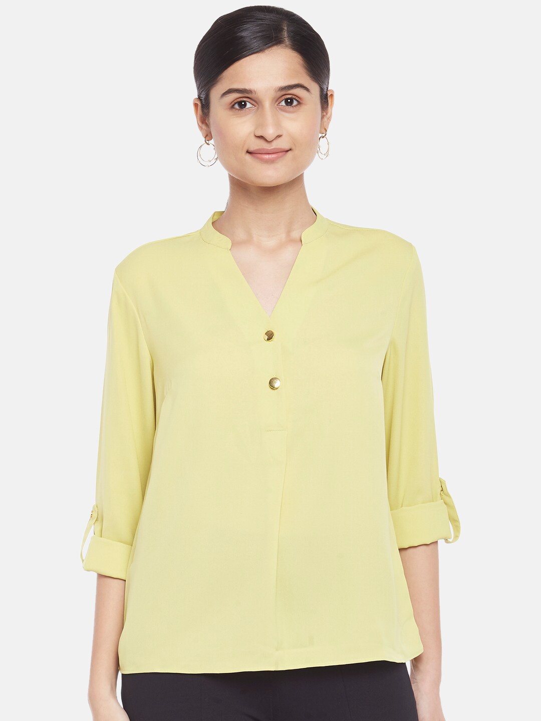 

Annabelle by Pantaloons Green Mandarin Collar Regular Top