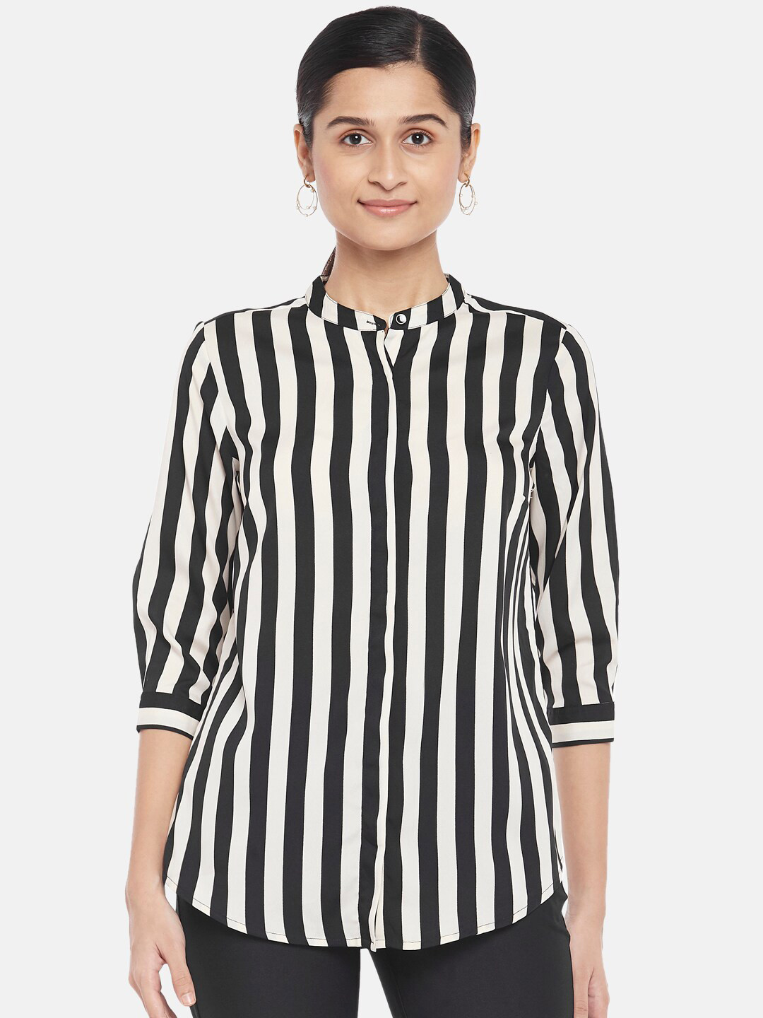 

Annabelle by Pantaloons Black Striped Mandarin Collar Regular Top