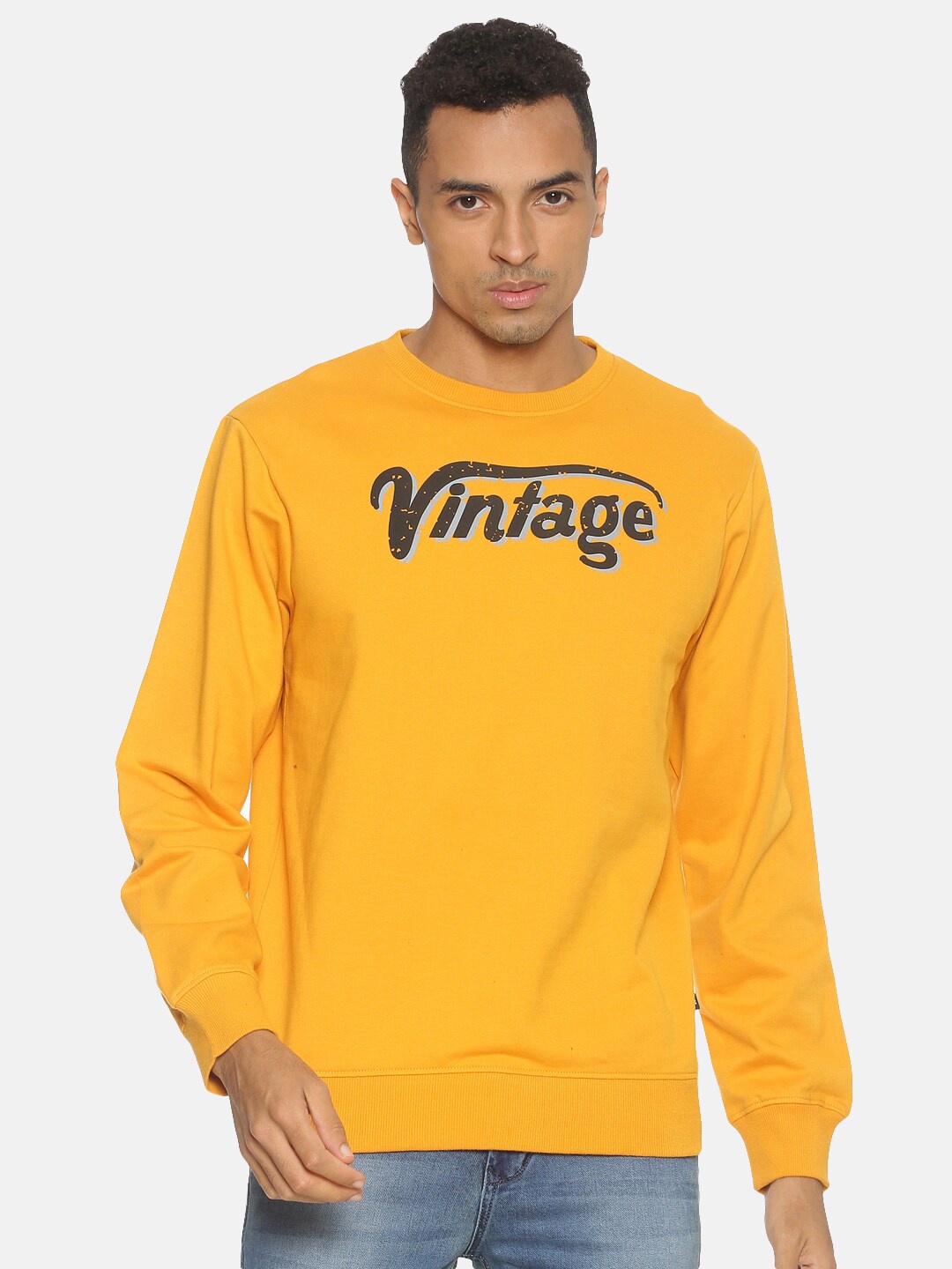 

Chennis Men Mustard Printed Cotton Sweatshirt