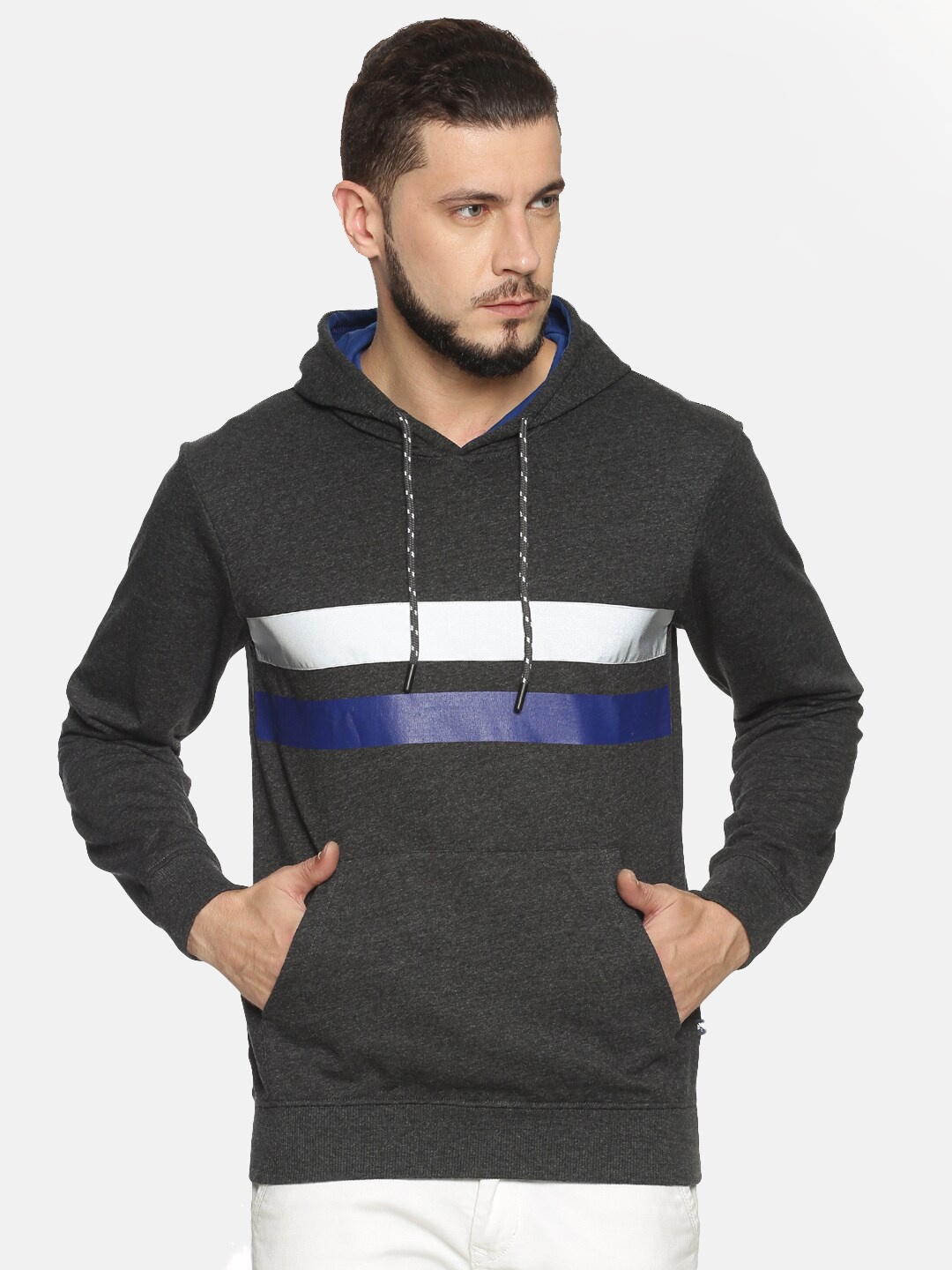 

Chennis Men Charcoal Striped Hooded Sweatshirt