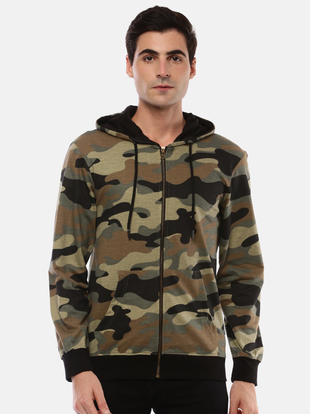 

Chennis Men Olive Green Printed Hooded Sweatshirt