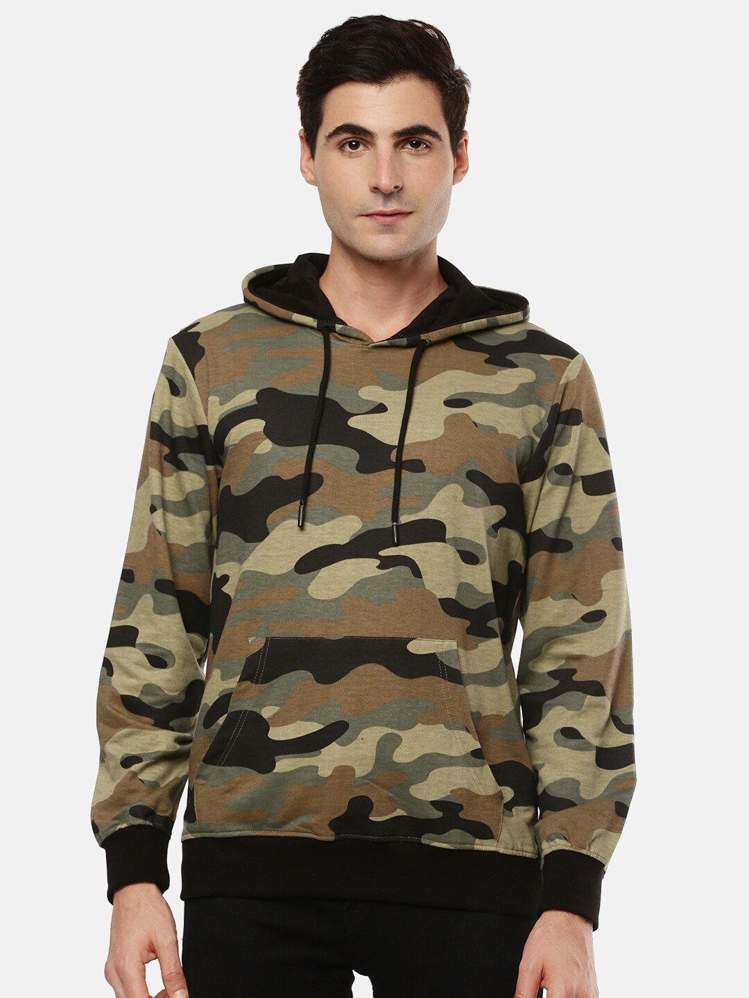 

Chennis Men Olive Green Camouflage Printed Hooded Sweatshirt