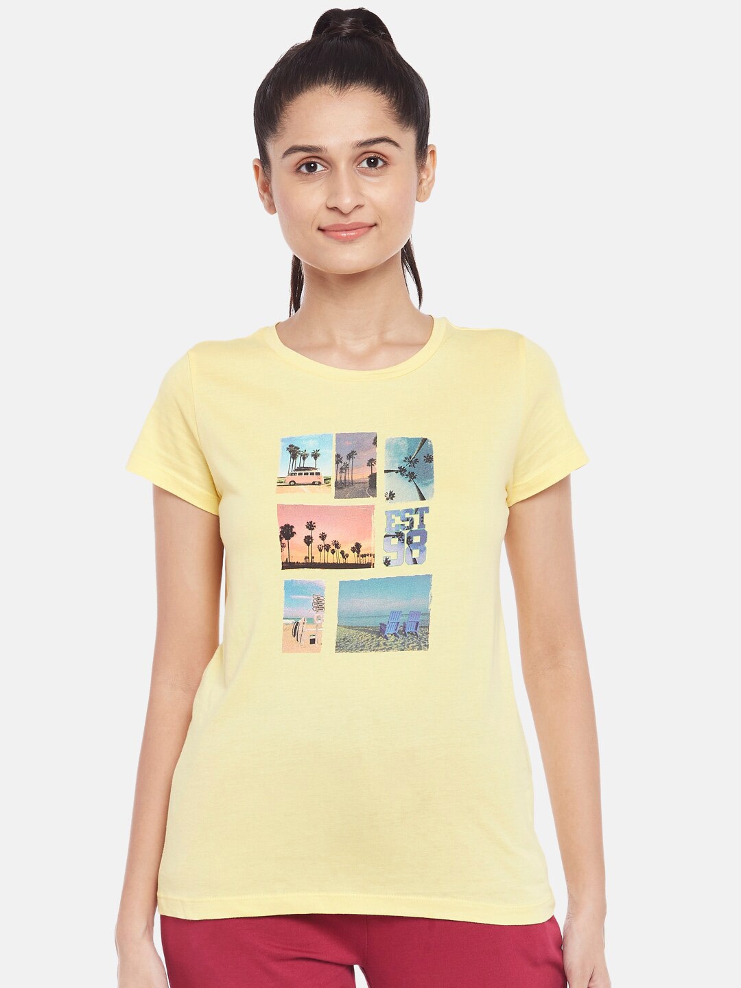 

Ajile by Pantaloons Women Yellow Printed Pure Cotton T-shirt