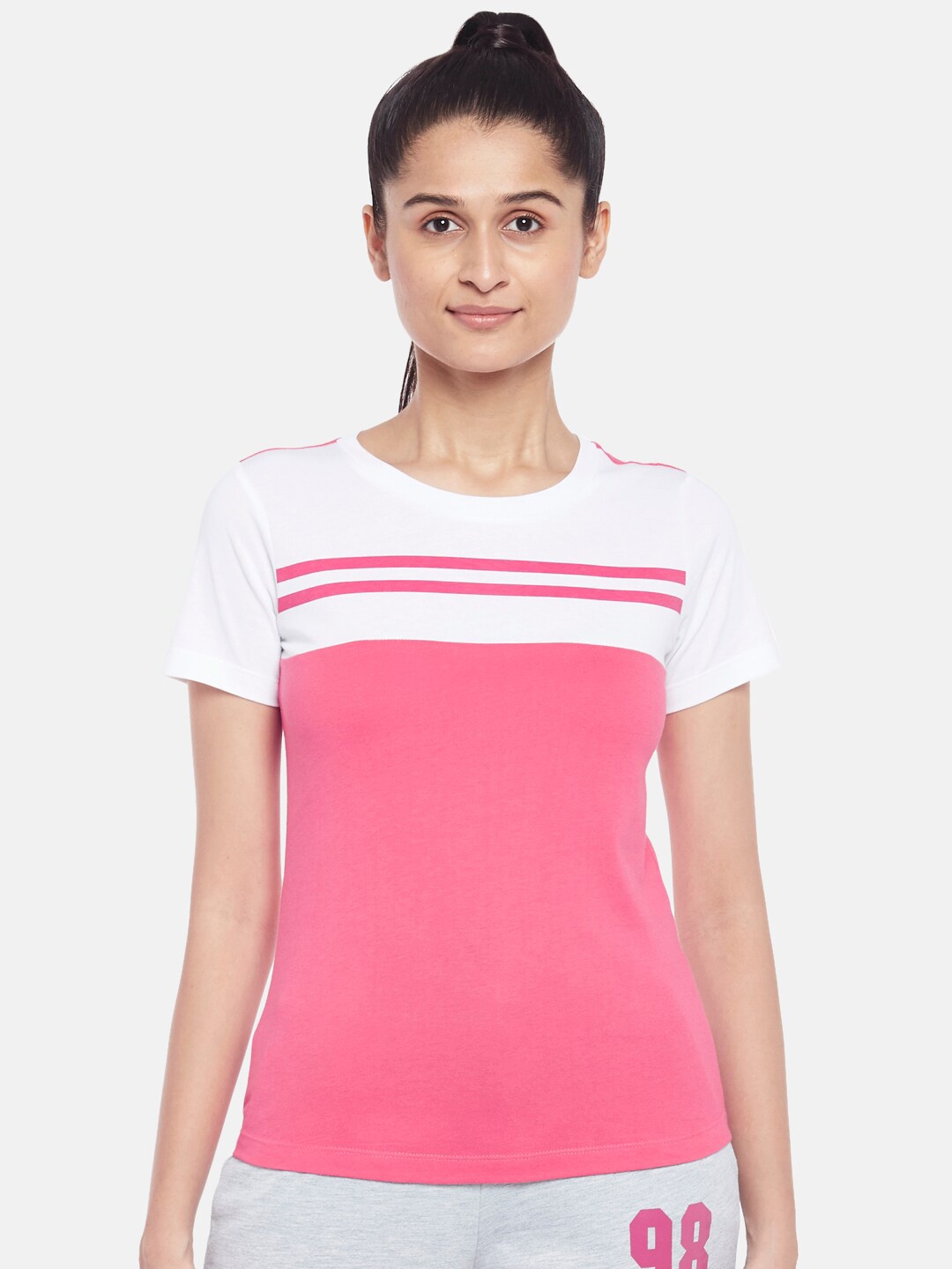 

Ajile by Pantaloons Women Pink & White Colourblocked Pure Cotton T-shirt