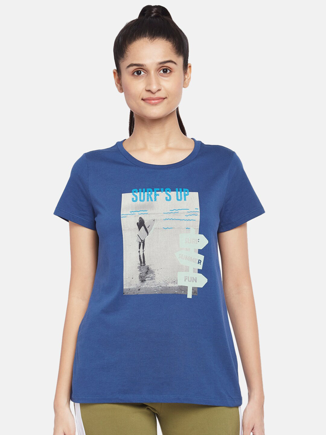 

Ajile by Pantaloons Women Navy Blue Typography Printed Pure Cotton T-shirt