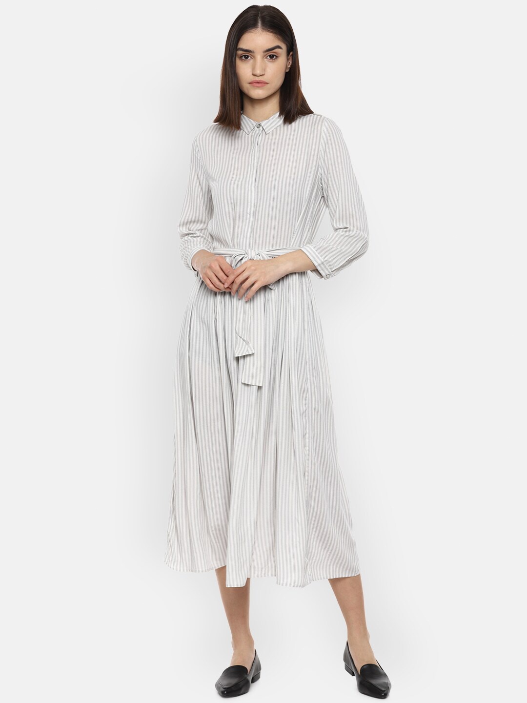 

Van Heusen Woman White Striped Shirt Midi Dress
